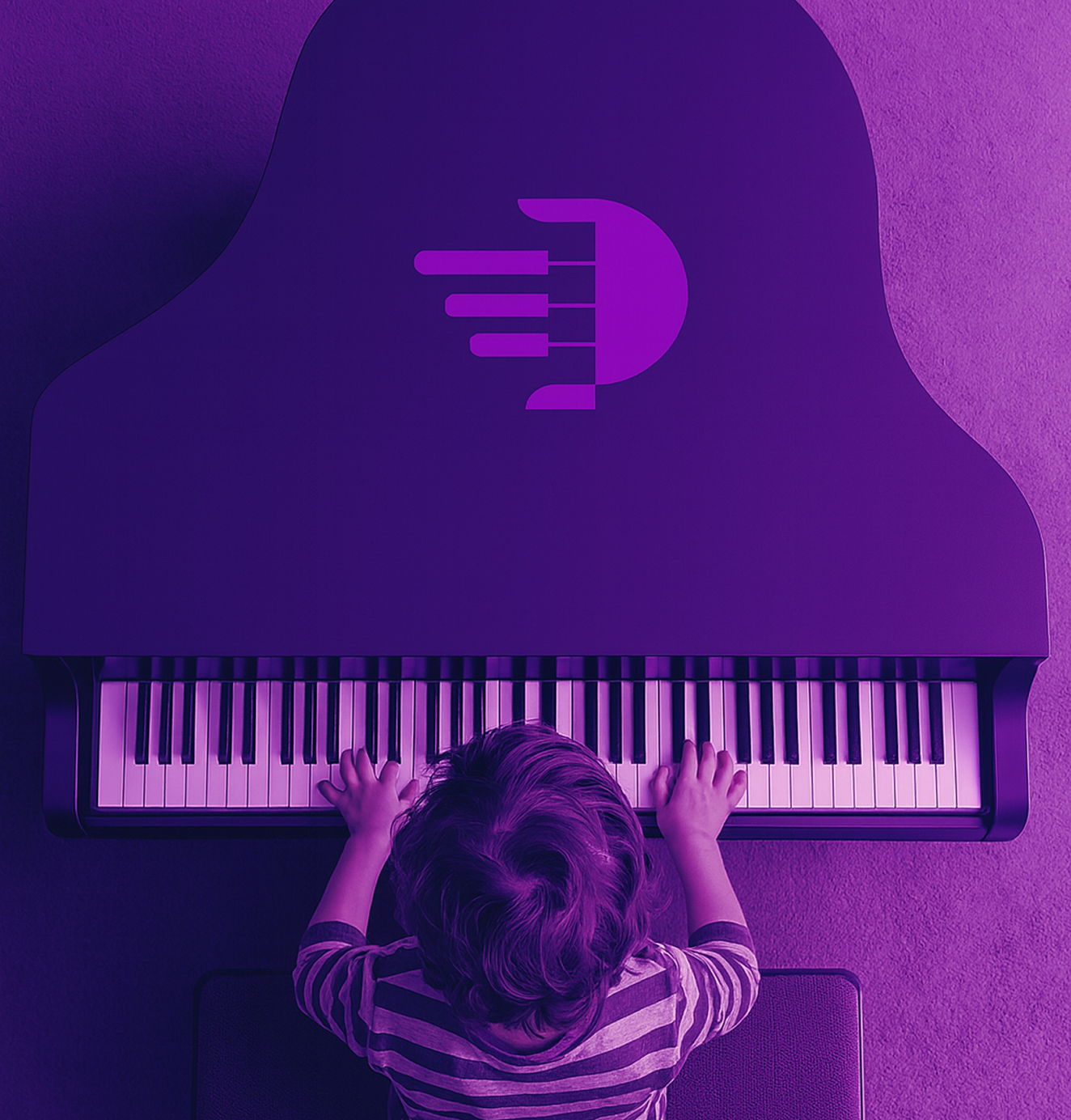 Overhead view of a young child playing a grand piano, colored in purple with the Pianu logo displayed on the piano lid.