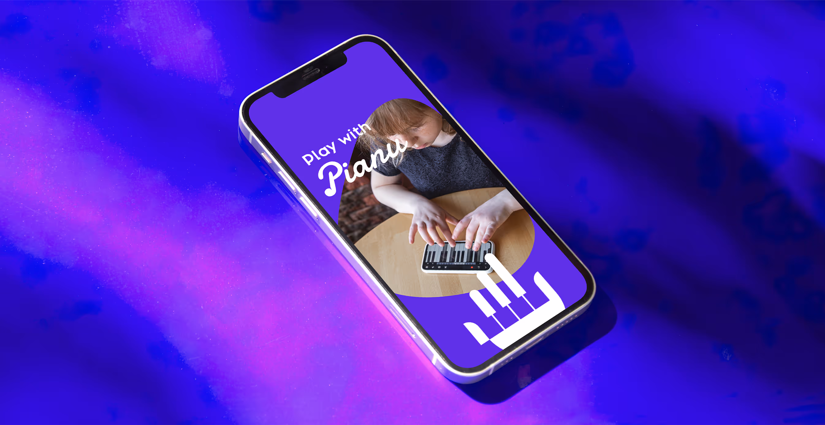 Smartphone showing the Pianu app interface with a child playing piano, text reading “Play with Pianu” on a purple background.