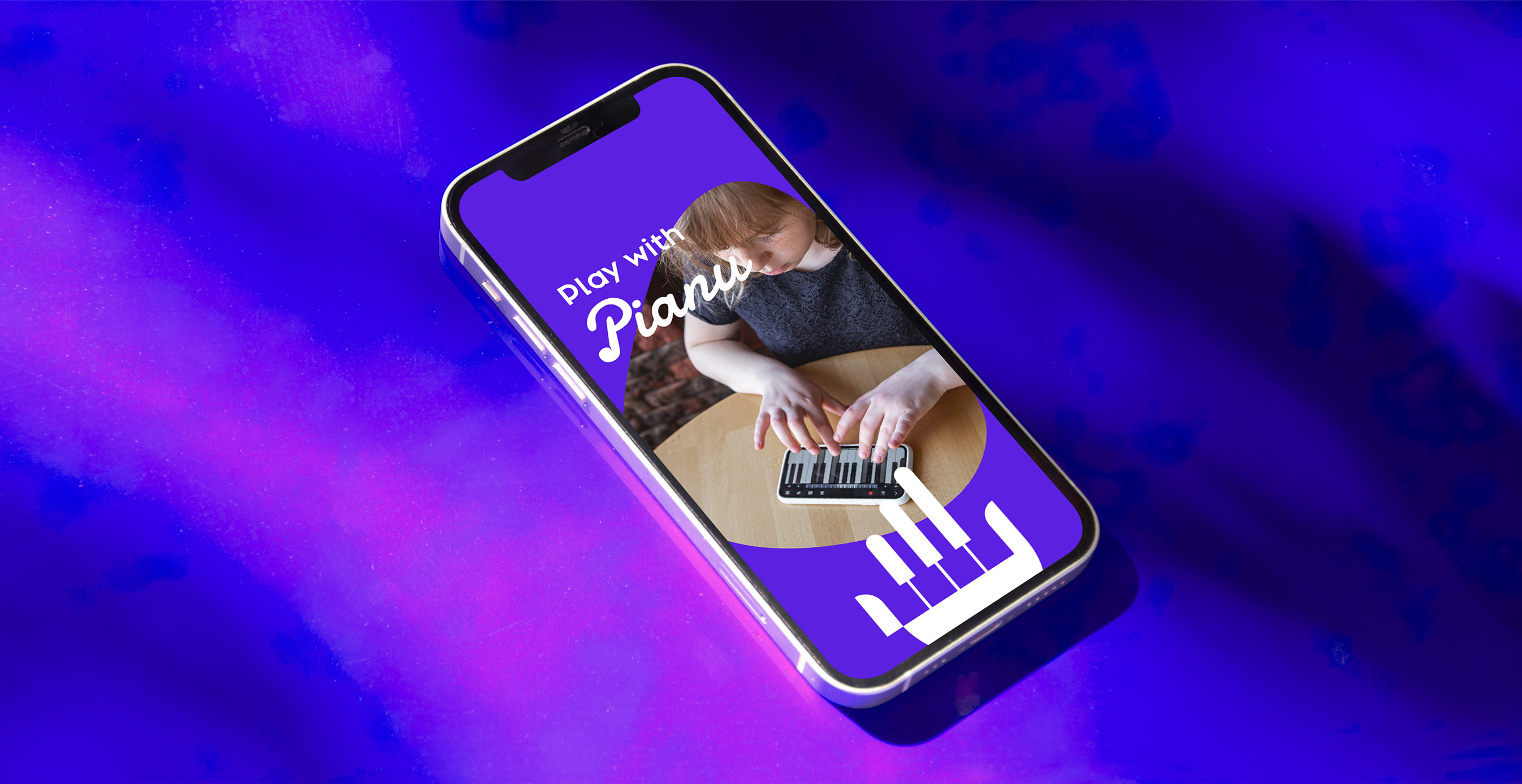 Smartphone showing the Pianu app interface with a child playing piano, text reading “Play with Pianu” on a purple background.