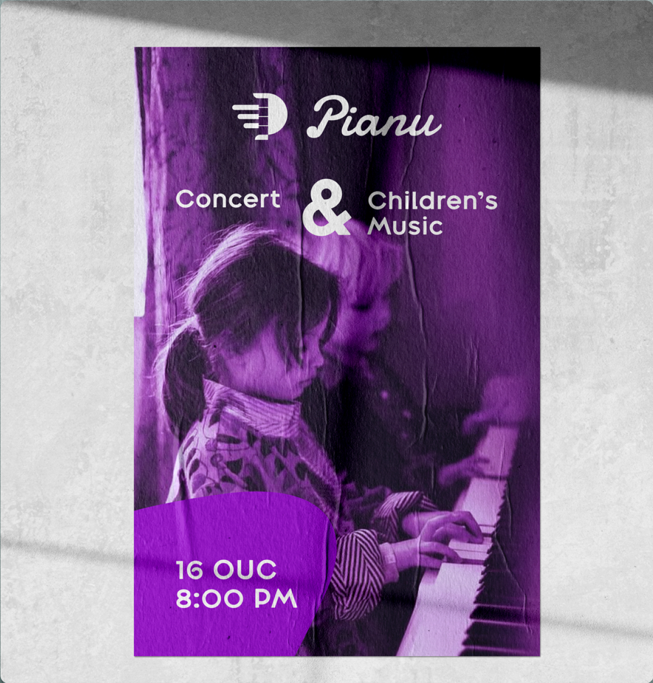 Purple-toned poster promoting a Pianu concert featuring children playing piano, with date and time details included.
