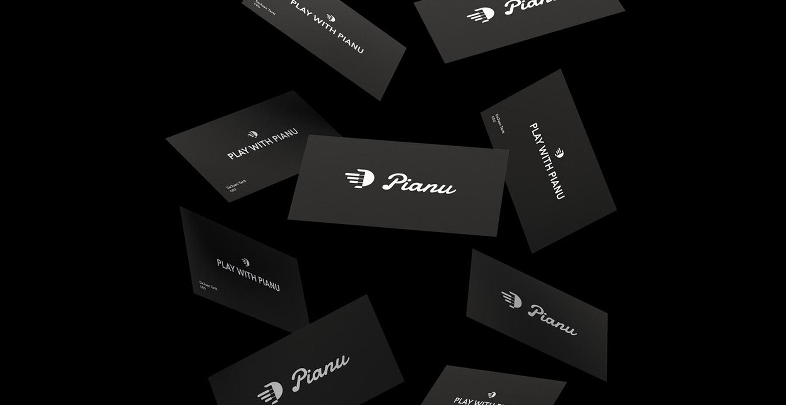 Black business cards scattered against a dark background, featuring the Pianu logo and tagline “Play With Pianu.”