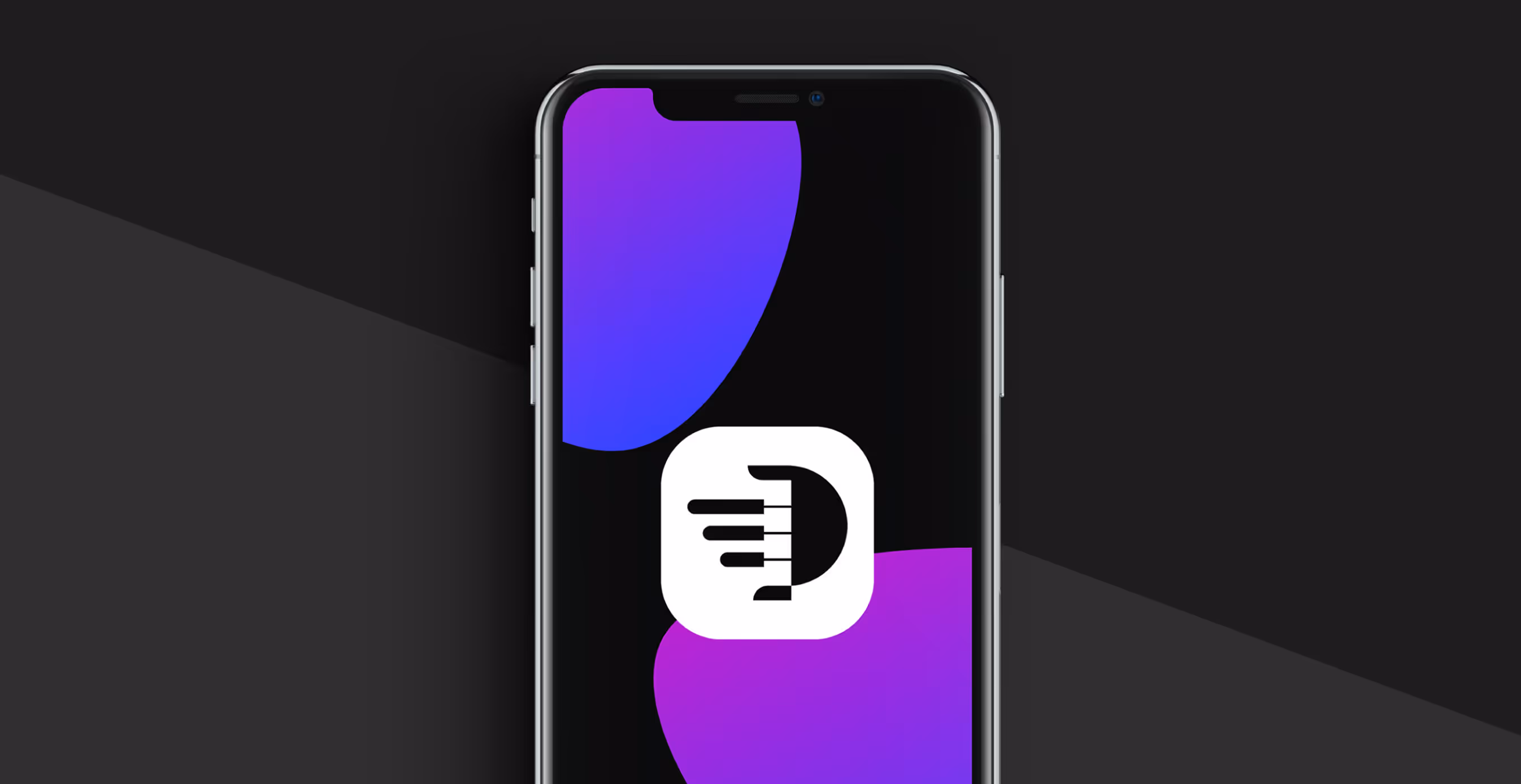 Close-up of a smartphone screen with the Pianu app icon displayed, featuring bold black-and-white piano key branding.