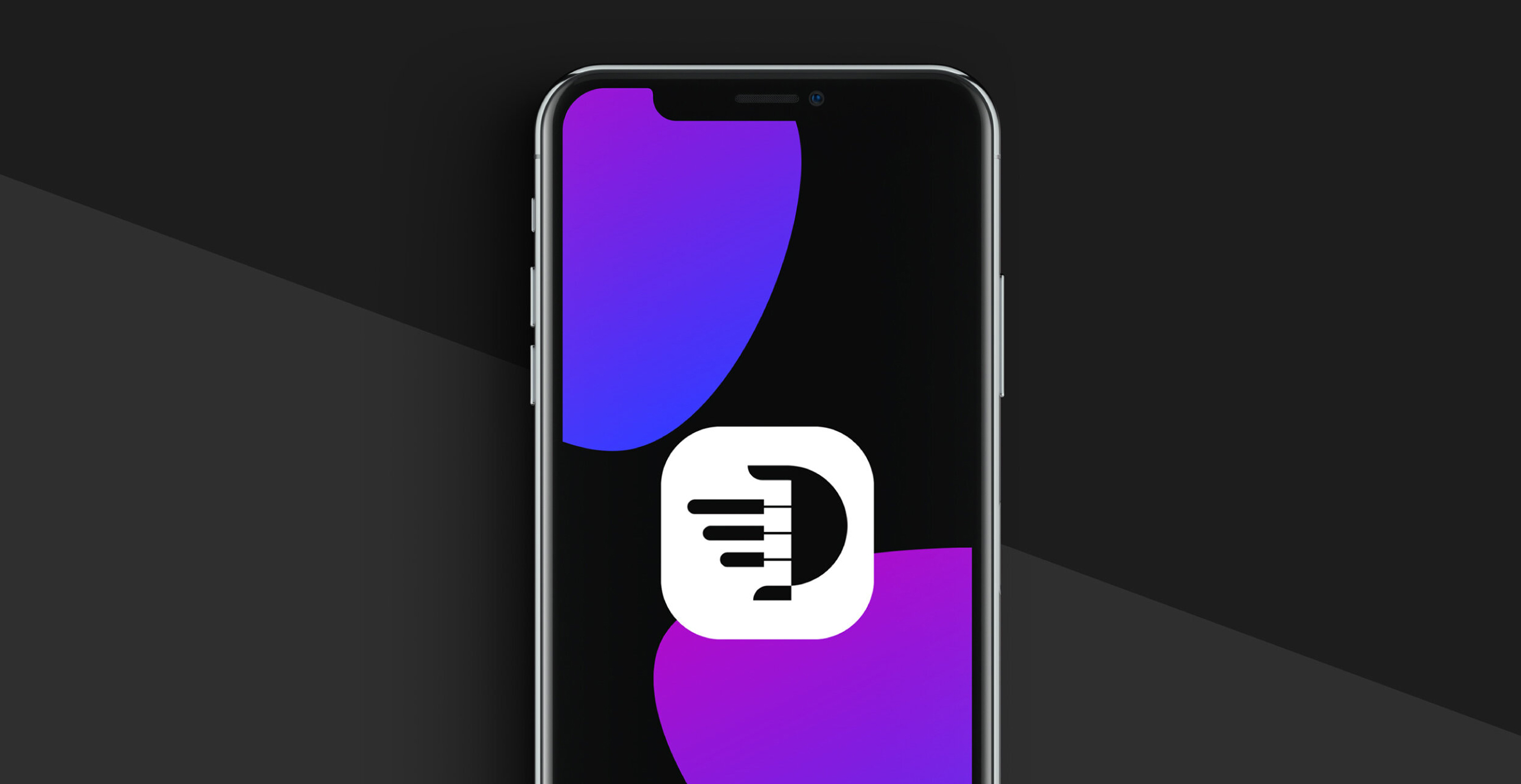 Close-up of a smartphone screen with the Pianu app icon displayed, featuring bold black-and-white piano key branding.