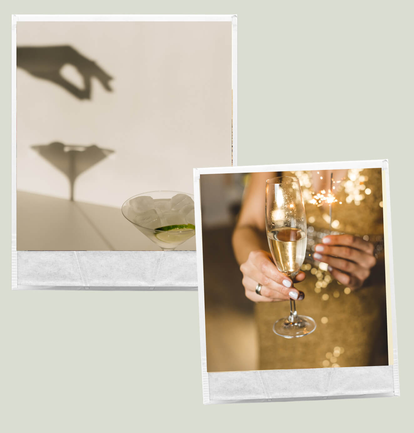 A chic champagne toast and a martini glass casting a shadow, showing Sipour’s refined aesthetic.