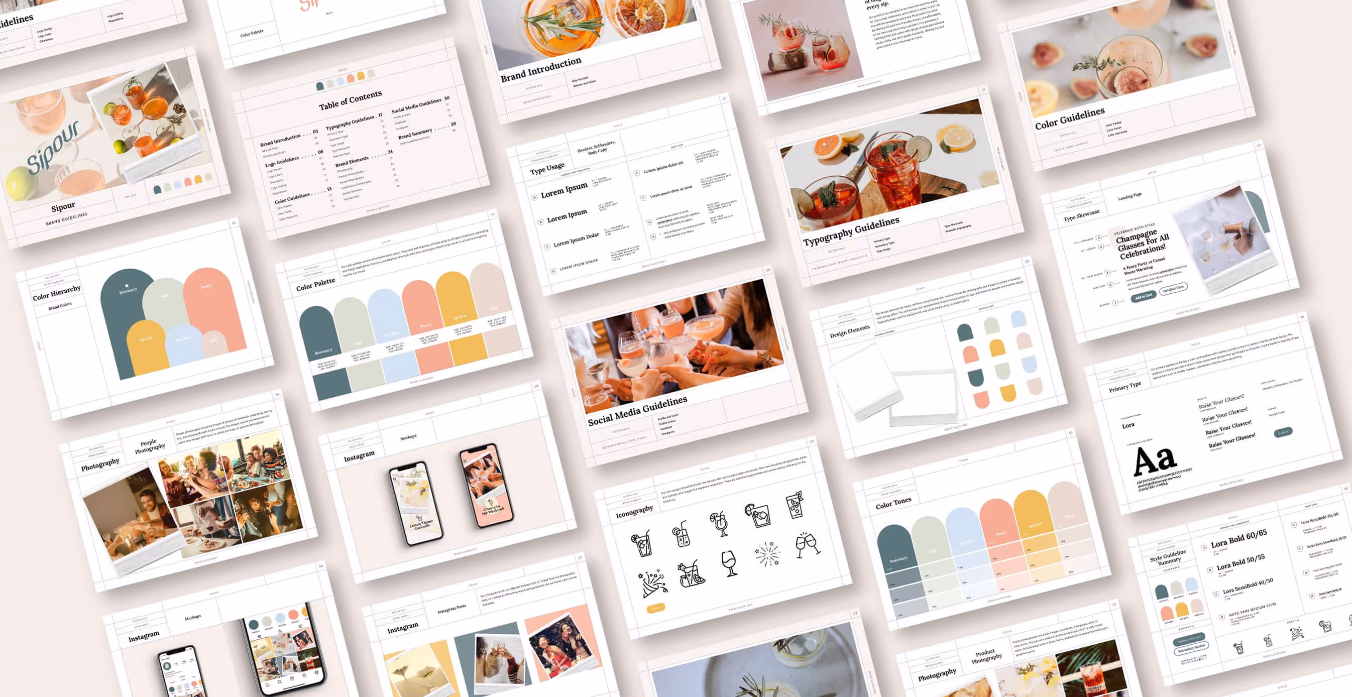 A spread of design guidelines featuring Sipour’s color palette, typography, and social media assets.