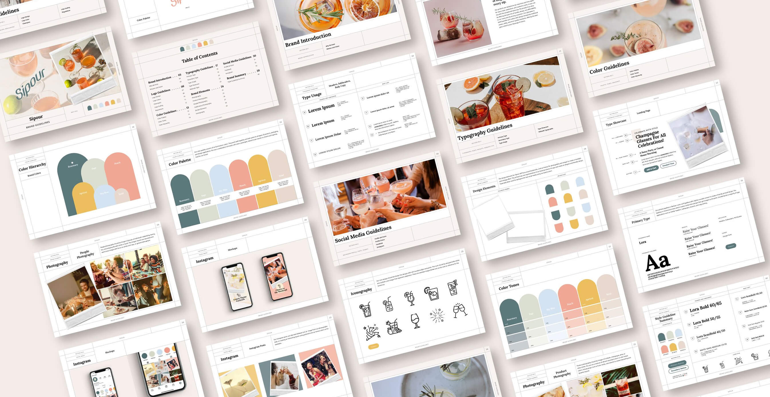 A spread of design guidelines featuring Sipour’s color palette, typography, and social media assets.