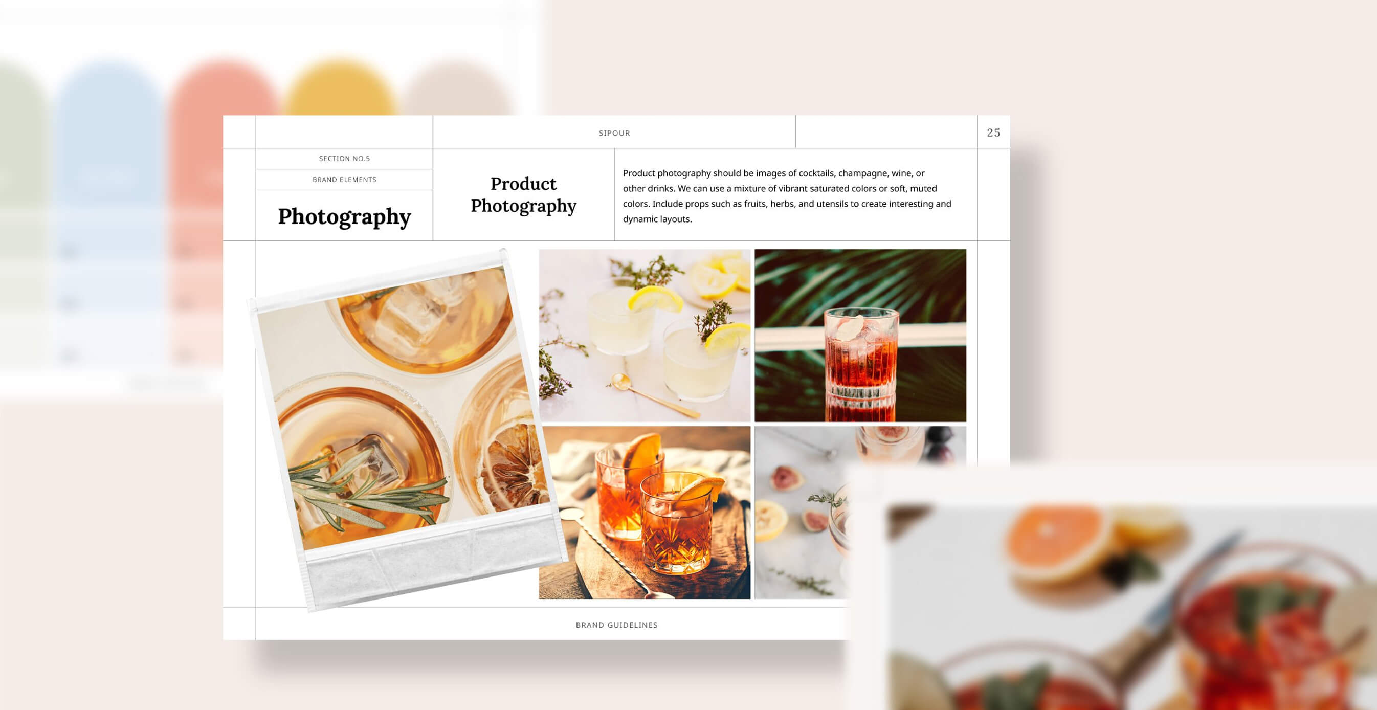 A brand guideline page with cocktail photography featuring vibrant drinks and garnishes.