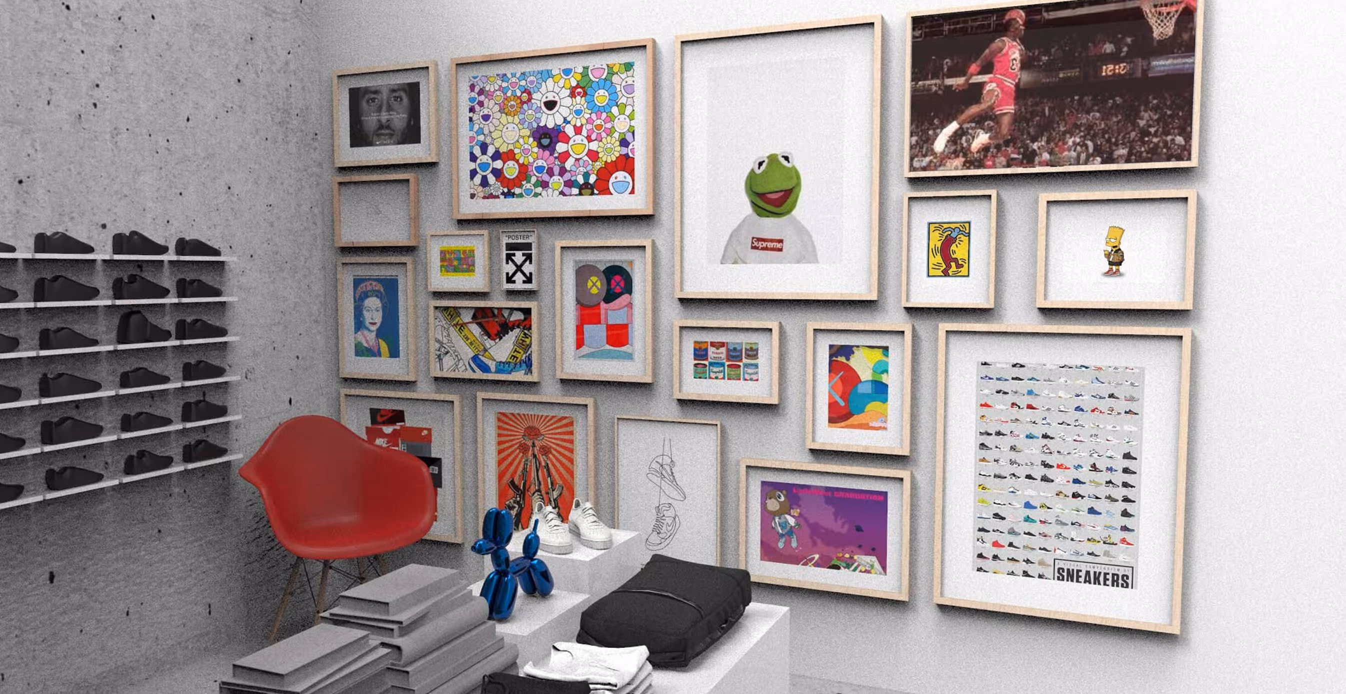 A sneaker and street art-inspired retail display featuring framed pop culture artwork, sneakers on shelves, and folded apparel.