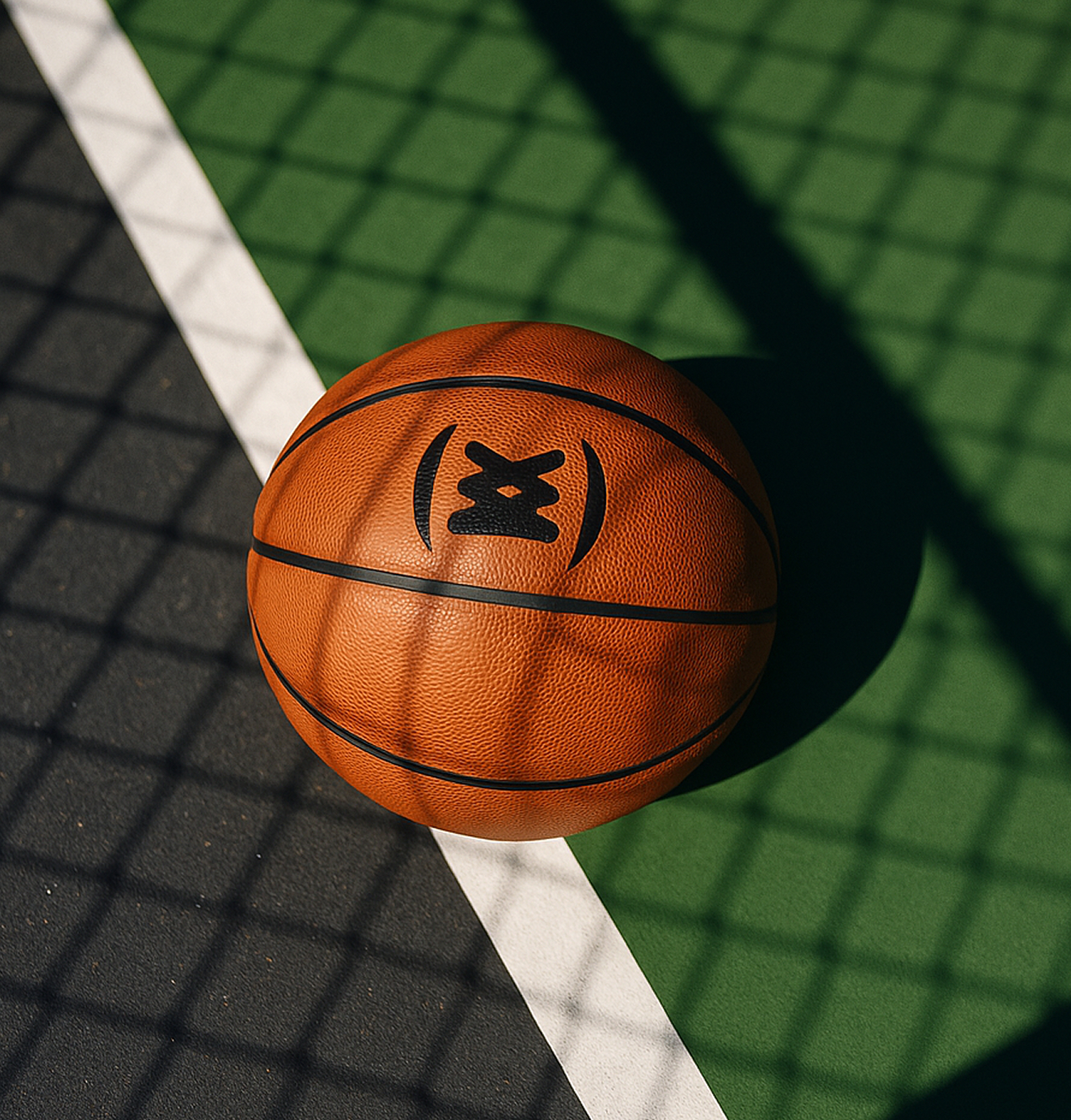 Close-up of a basketball with the Sneakertopia logo, placed on an outdoor court under chain-link shadows.