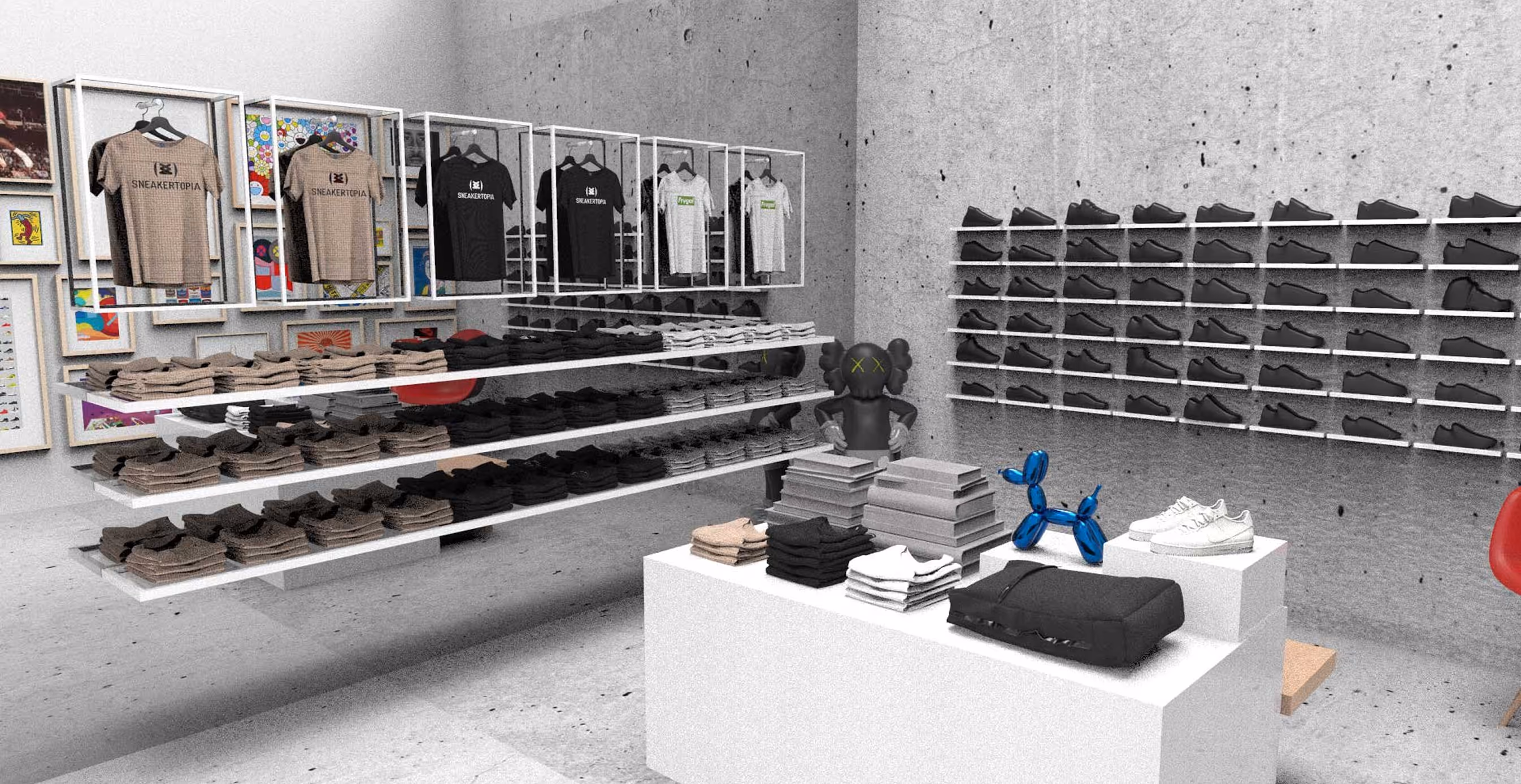 Sneakertopia store interior with shelves of sneakers, folded shirts, and hanging branded t-shirts against a gallery-style wall.