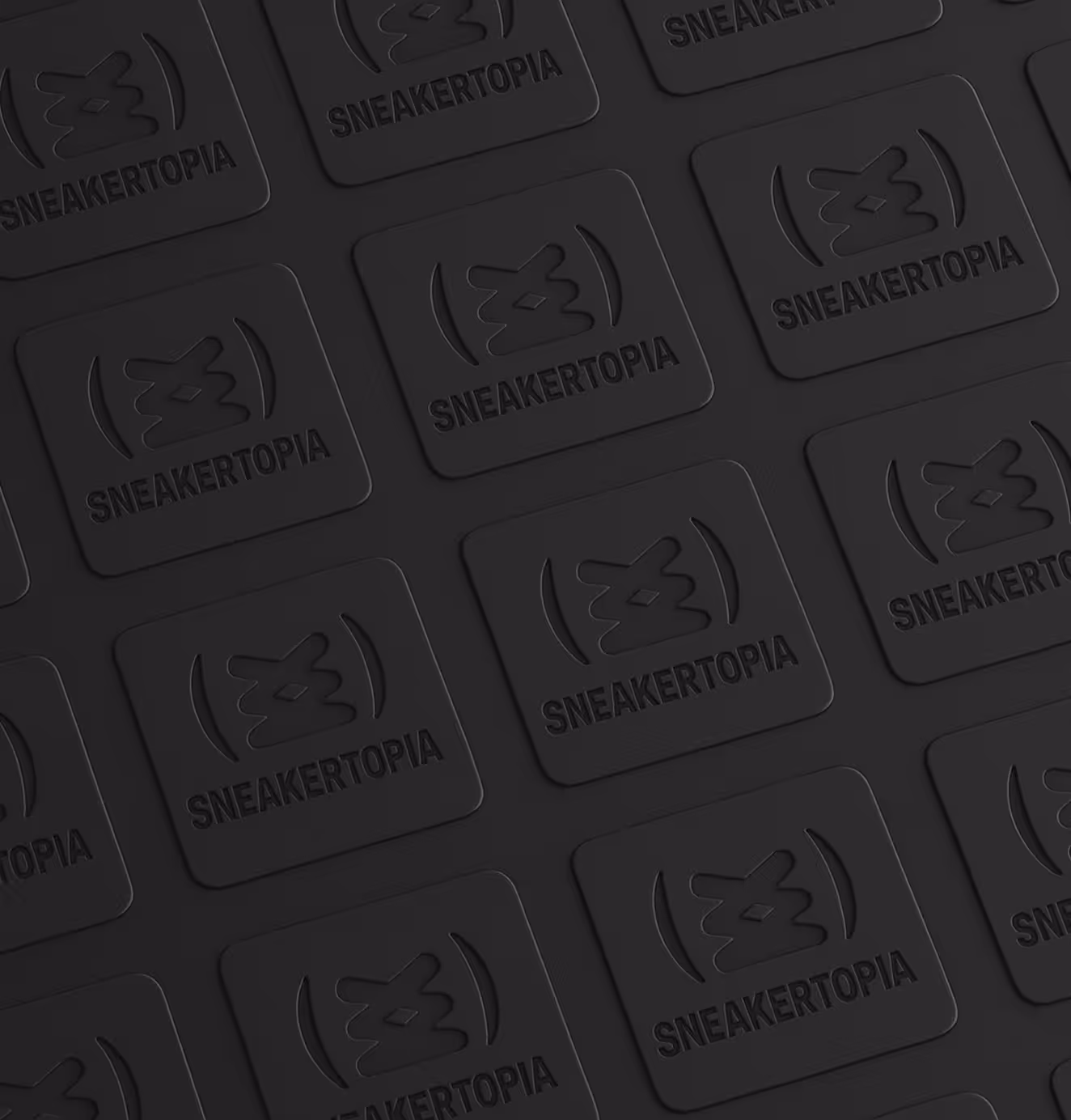 Black embossed pattern of Sneakertopia logos repeated across a surface, emphasizing brand identity.
