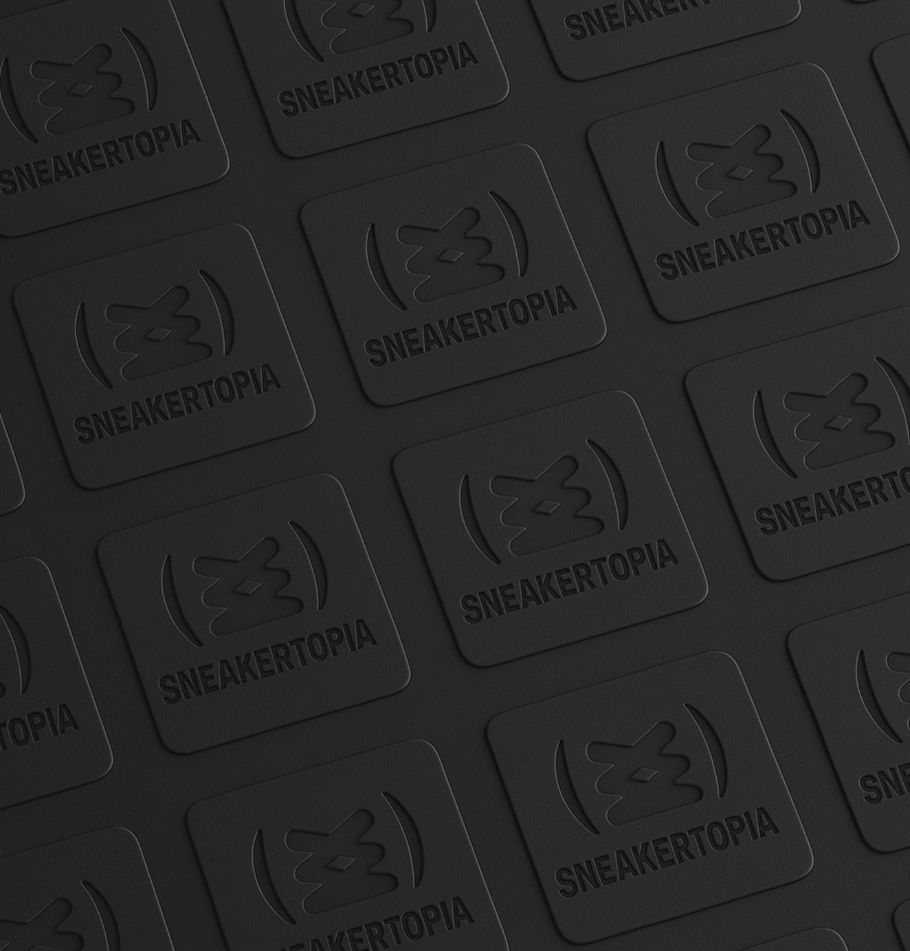 Black embossed pattern of Sneakertopia logos repeated across a surface, emphasizing brand identity.