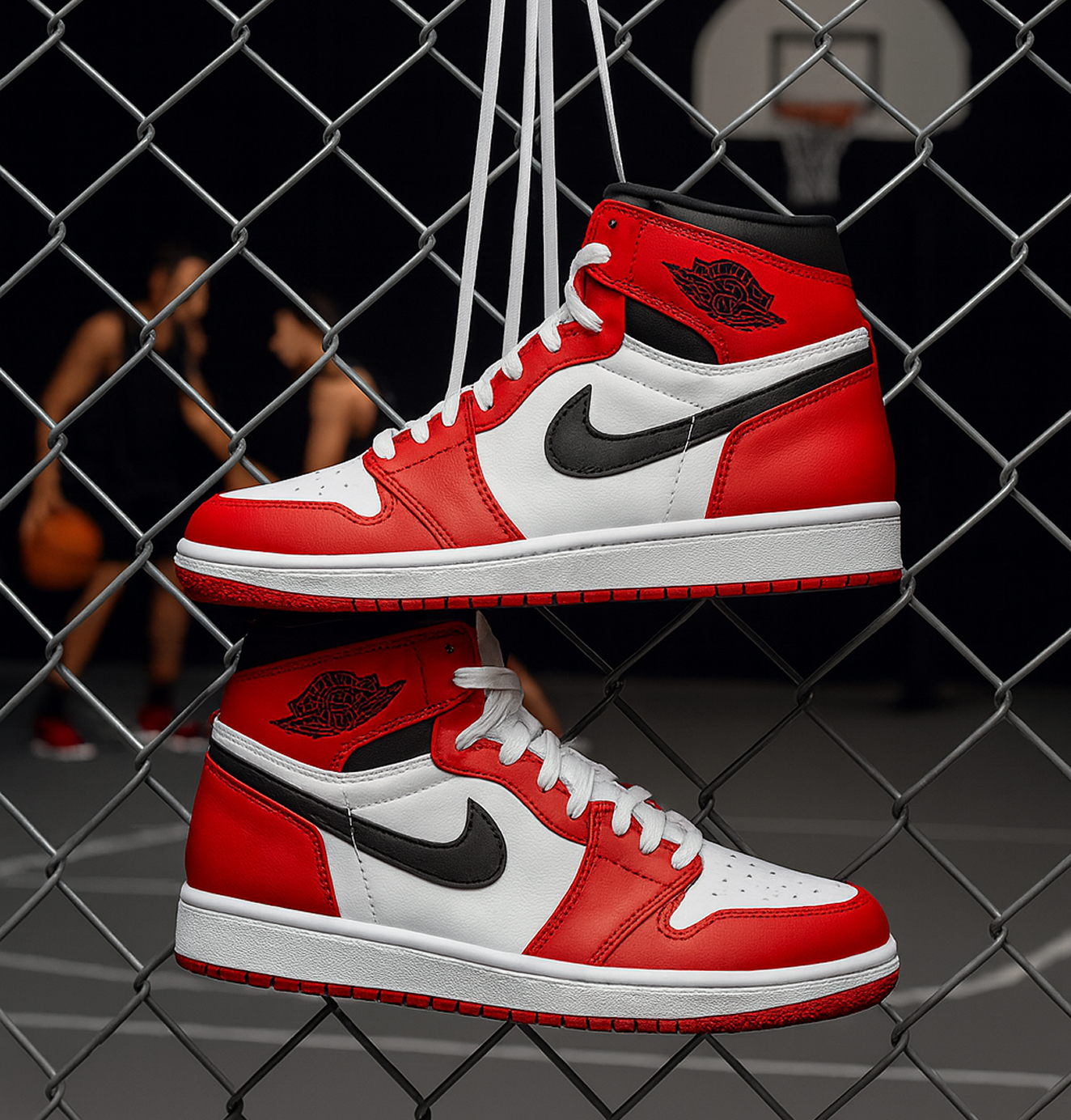 Pair of red, white, and black Nike Air Jordan sneakers hanging by their laces on a chain-link fence with basketball players blurred in the background.