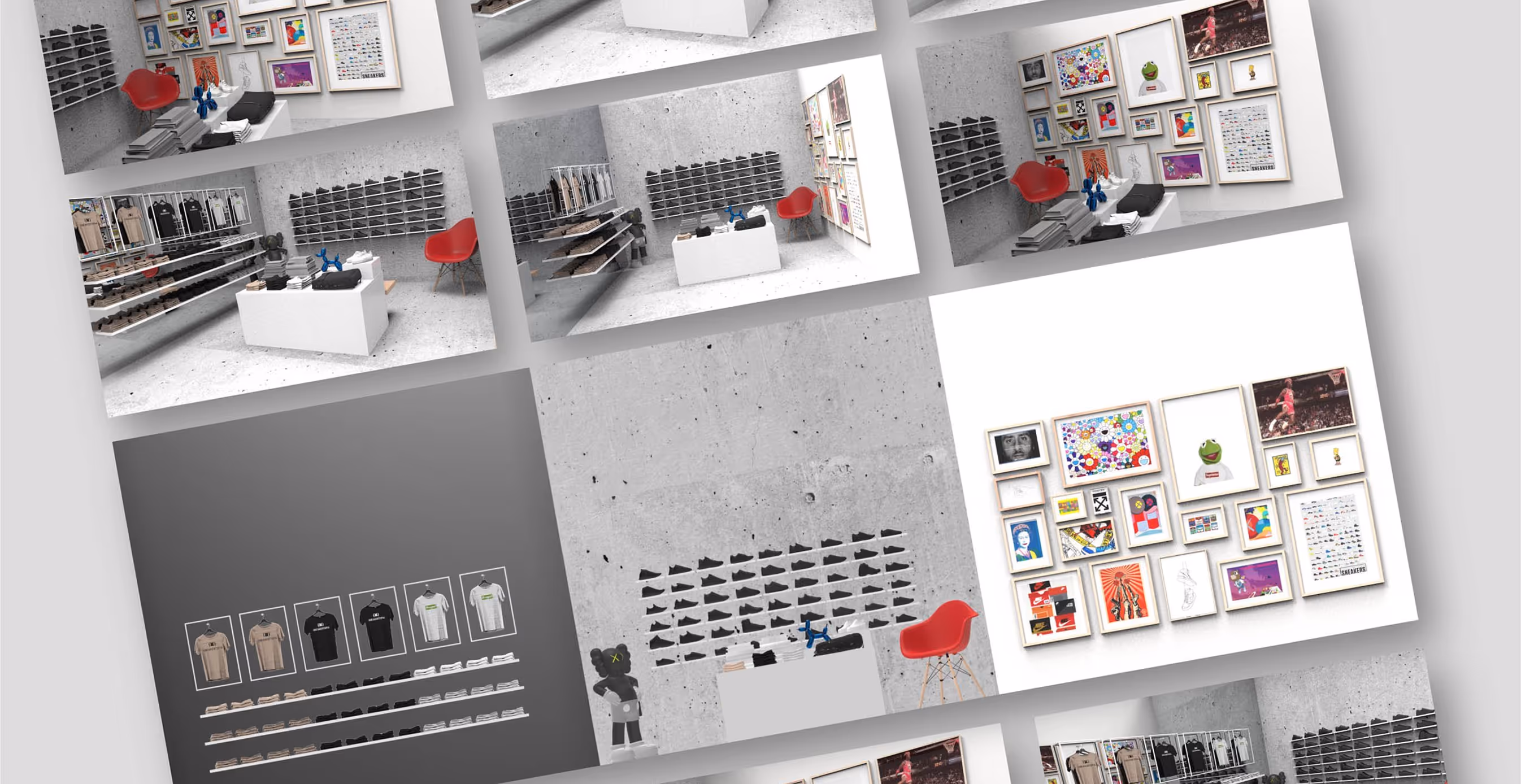 A design layout of Sneakertopia’s retail store concept, featuring minimalist shelving for sneakers, framed pop-culture artwork, and merchandising displays with apparel and accessories.