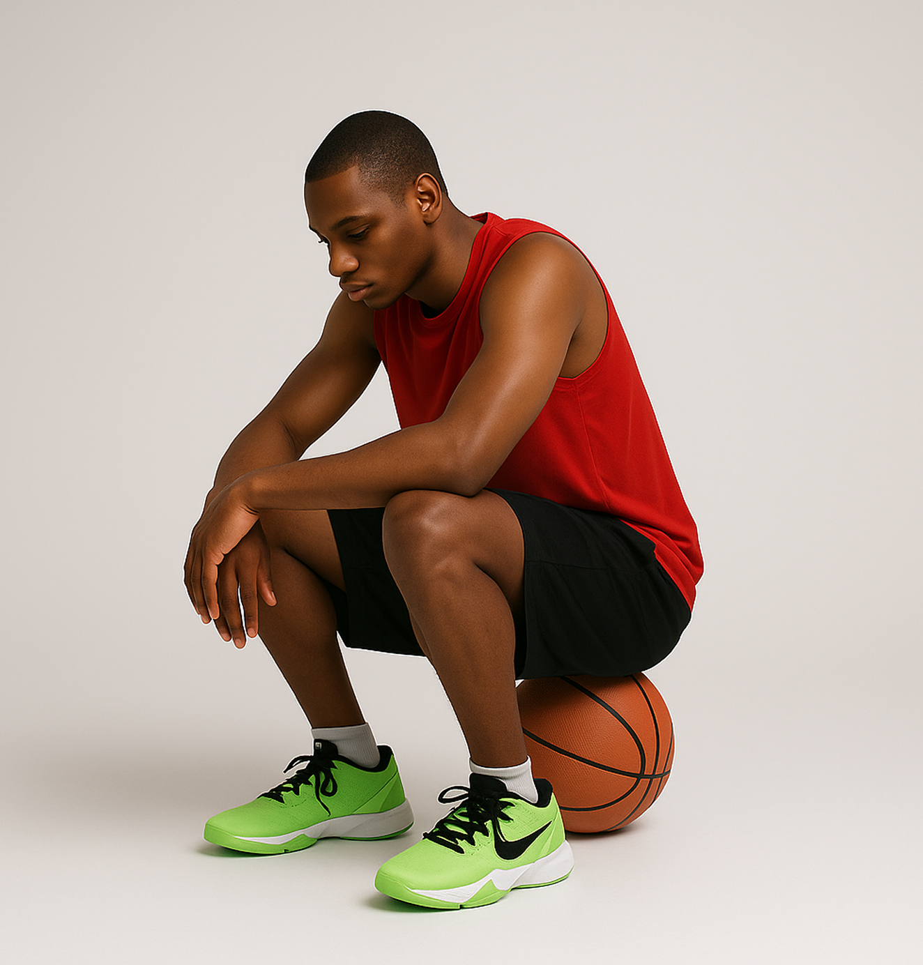 A man in a red tank top and neon green Nike sneakers crouches on a basketball, posing in a minimalist studio.