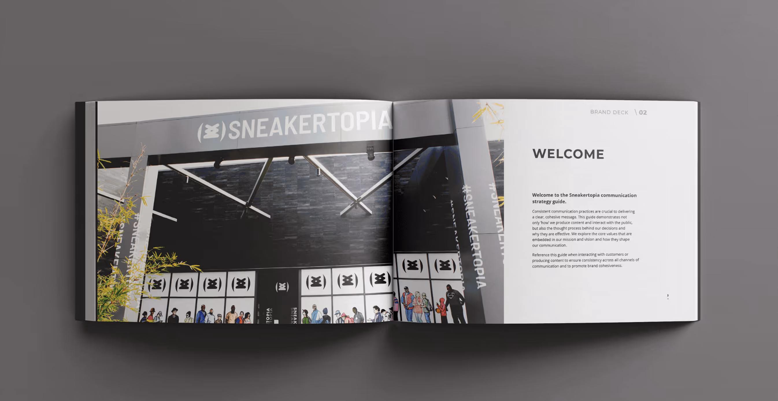An open brand deck for Sneakertopia, showing a photo of the storefront with bold signage and illustrated figures below, alongside a welcome message introducing the communication strategy guide.