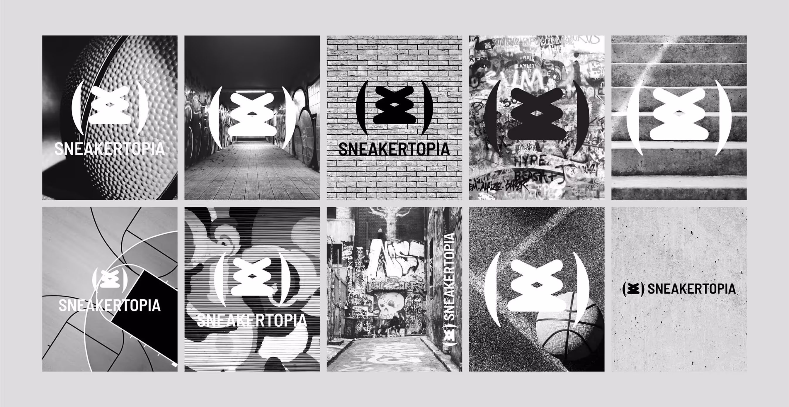 A grid of black-and-white mockups showcasing the Sneakertopia logo applied in urban environments, including graffiti walls, staircases, brick textures, and basketball courts.