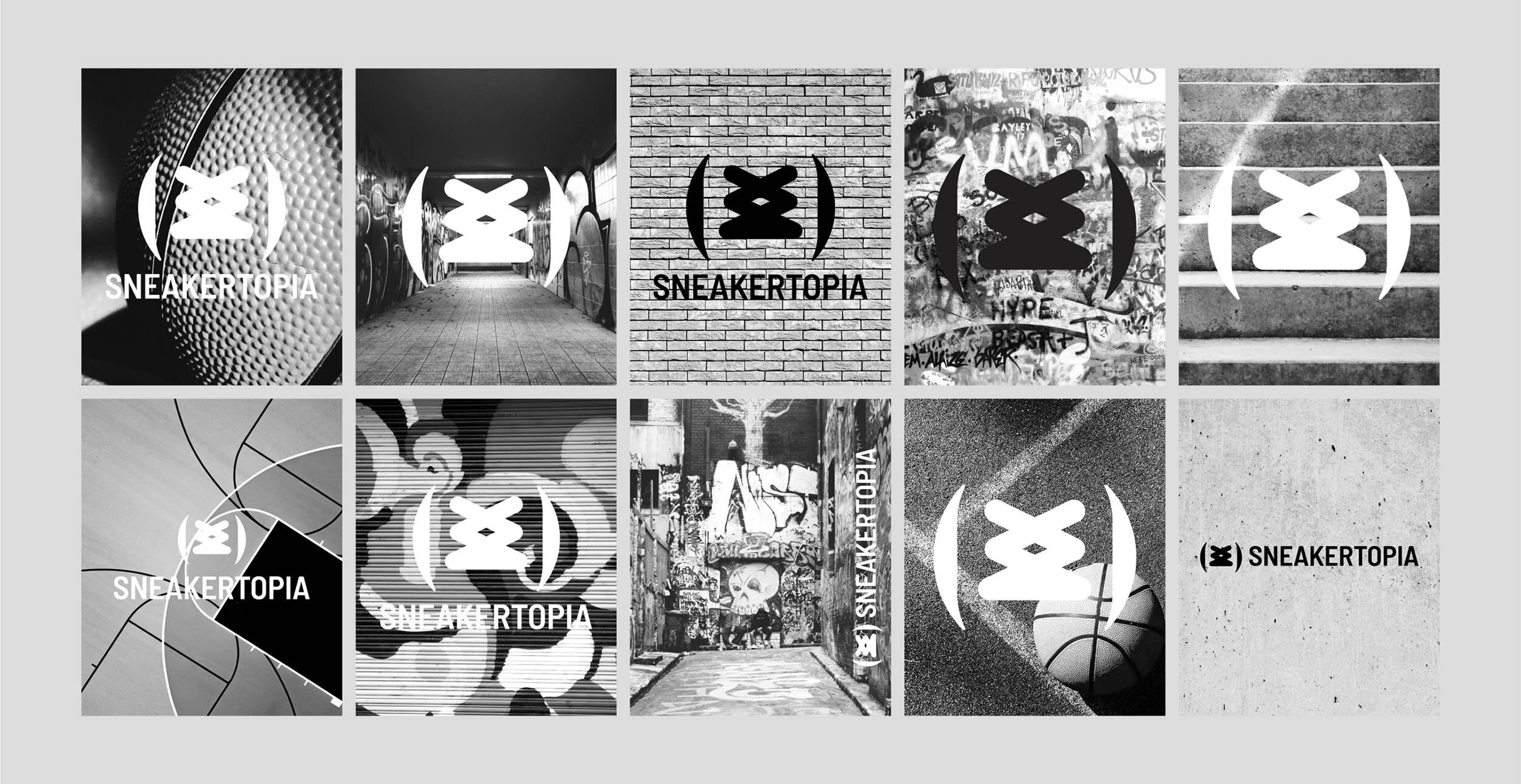 A grid of black-and-white mockups showcasing the Sneakertopia logo applied in urban environments, including graffiti walls, staircases, brick textures, and basketball courts.