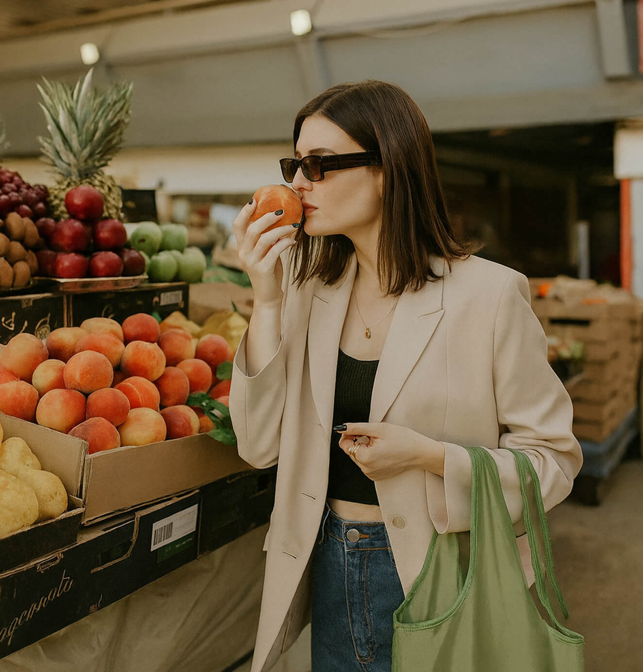 A woman in a beige blazer and sunglasses holds a green tote bag while smelling a peach at a market stall filled with fresh fruits.