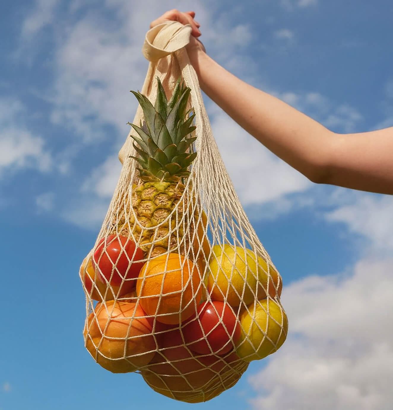 A hand holds up a reusable net bag filled with pineapples, oranges, tomatoes, and other colorful fruits against a bright blue sky.
