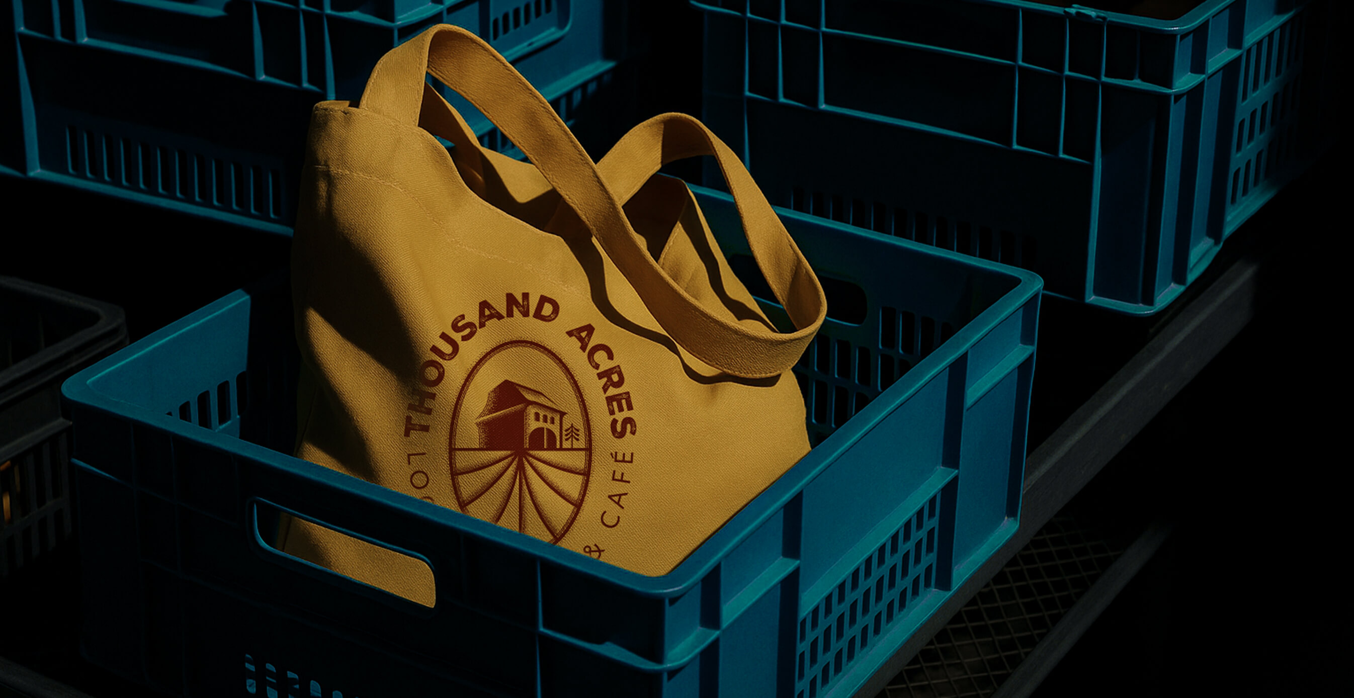 A mustard yellow Thousand Acres branded tote bag sits inside a blue crate, lit dramatically in a dimly lit setting.