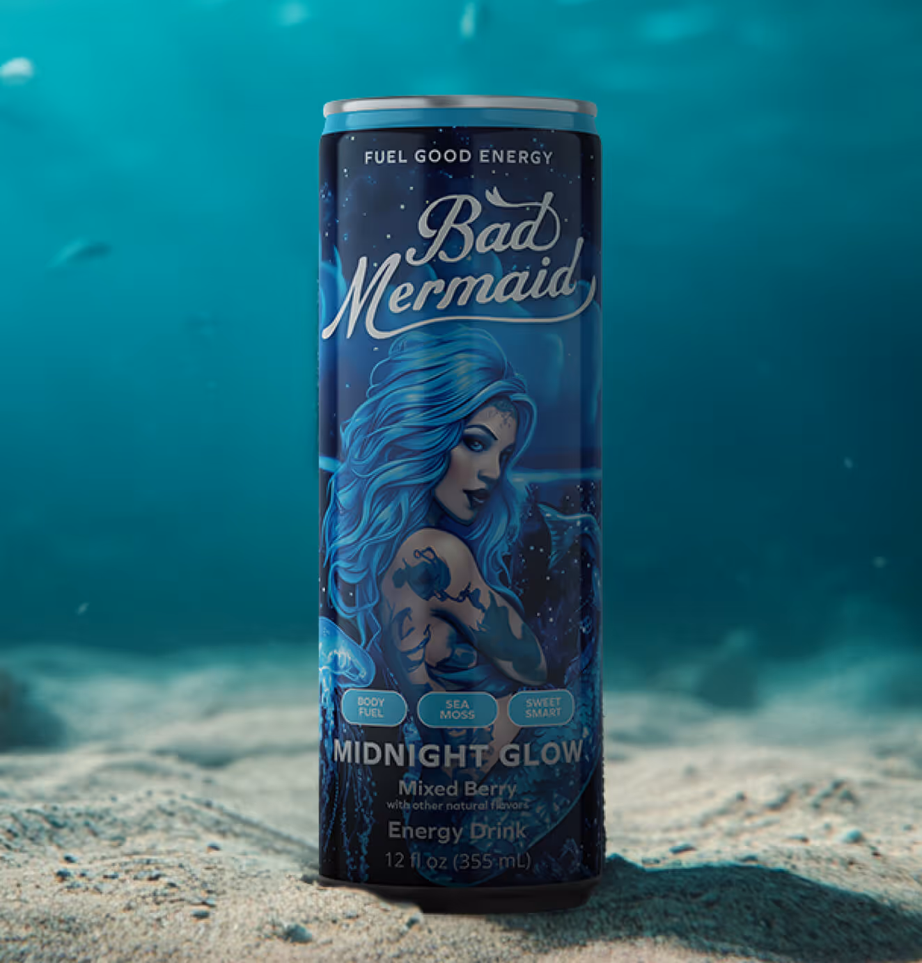Bad Mermaid mini case study showcasing vibrant branding, bold packaging design, and ocean-inspired visuals.