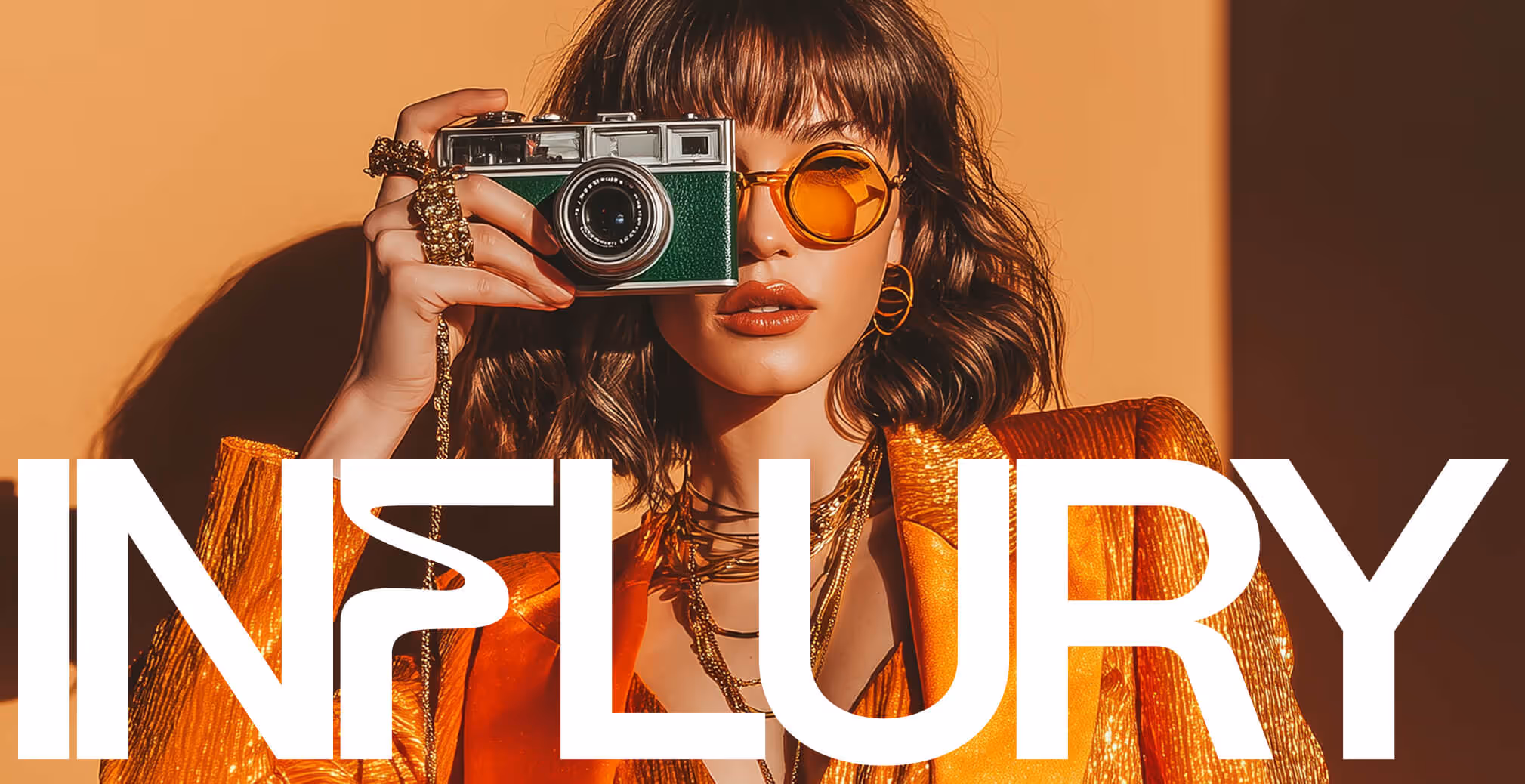 A stylish woman in orange sunglasses and a metallic jacket holds a vintage camera, with bold “Influry” branding across the image.