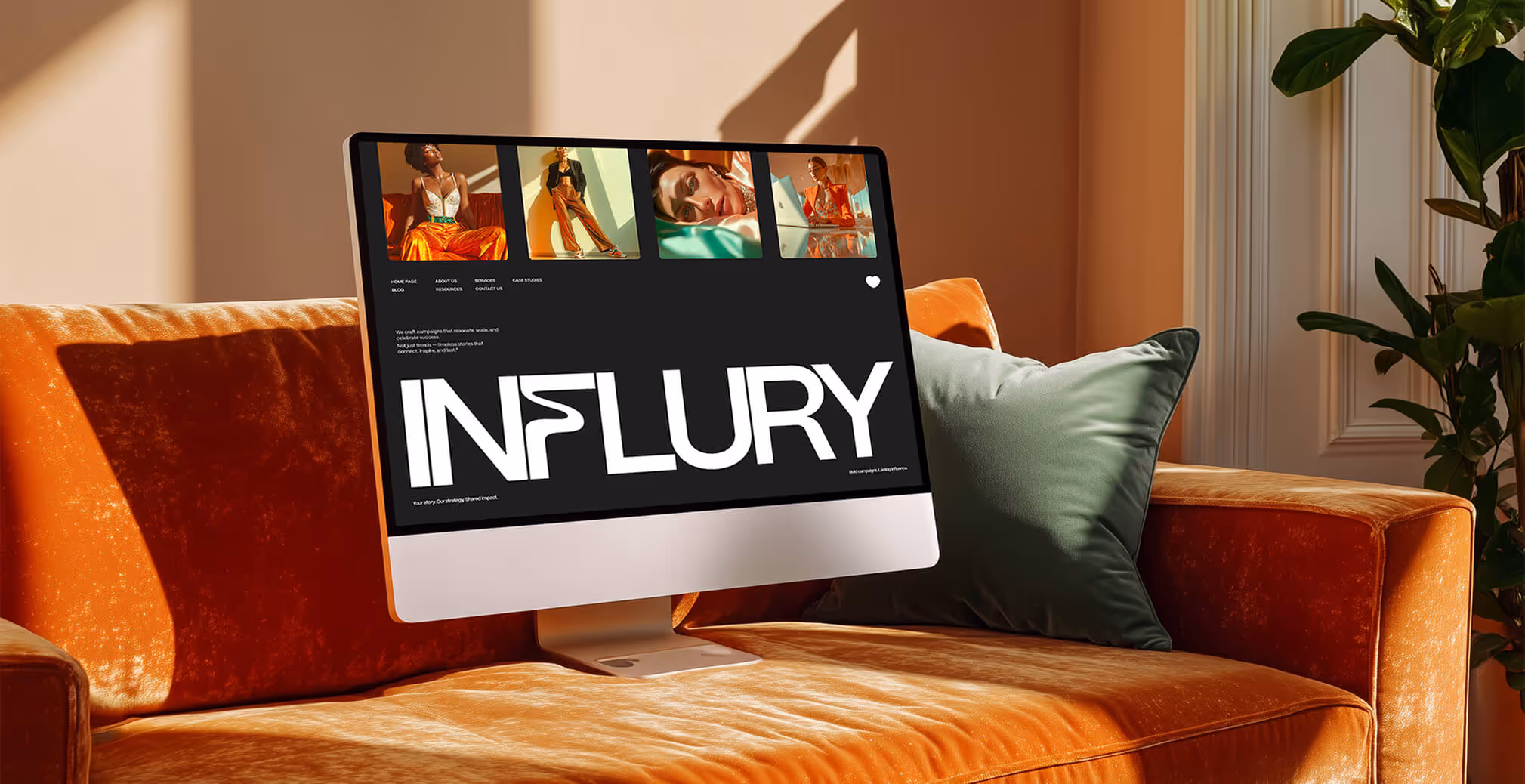 A desktop screen displays Influry’s website with bold branding, set against a stylish orange velvet couch in a sunlit room.
