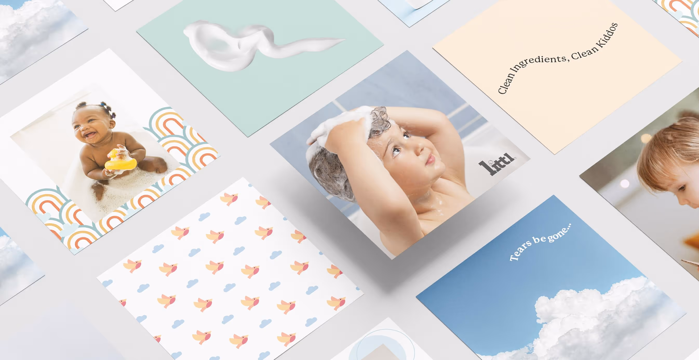 Flatlay of baby bath moments, branding illustrations, and children’s shampoo packaging featuring tagline ‘Clean Ingredients, Clean Kiddos.’