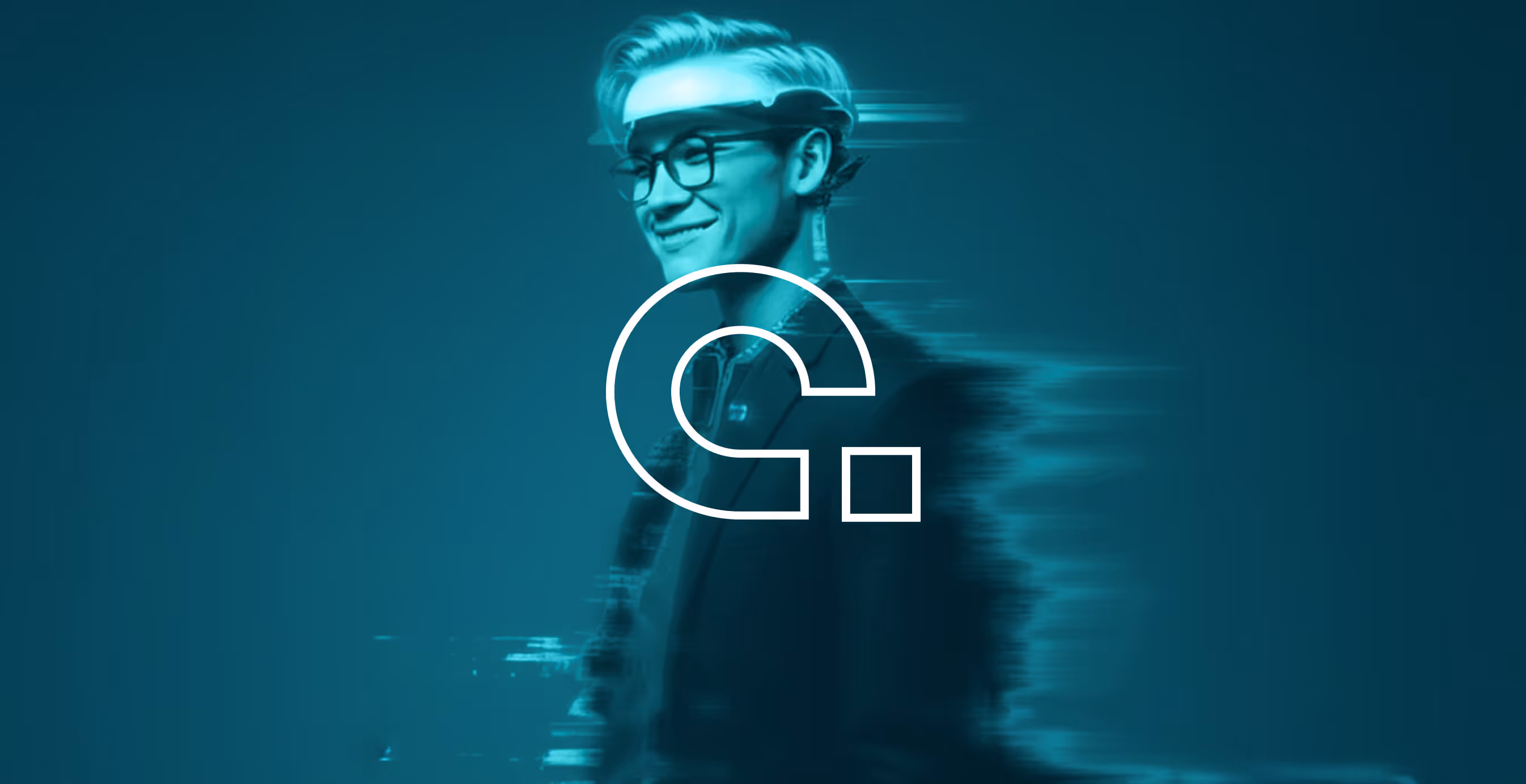 A futuristic portrait of a smiling man in glasses with a digital glitch effect, overlaid with the Clever Digital “C.” logo.