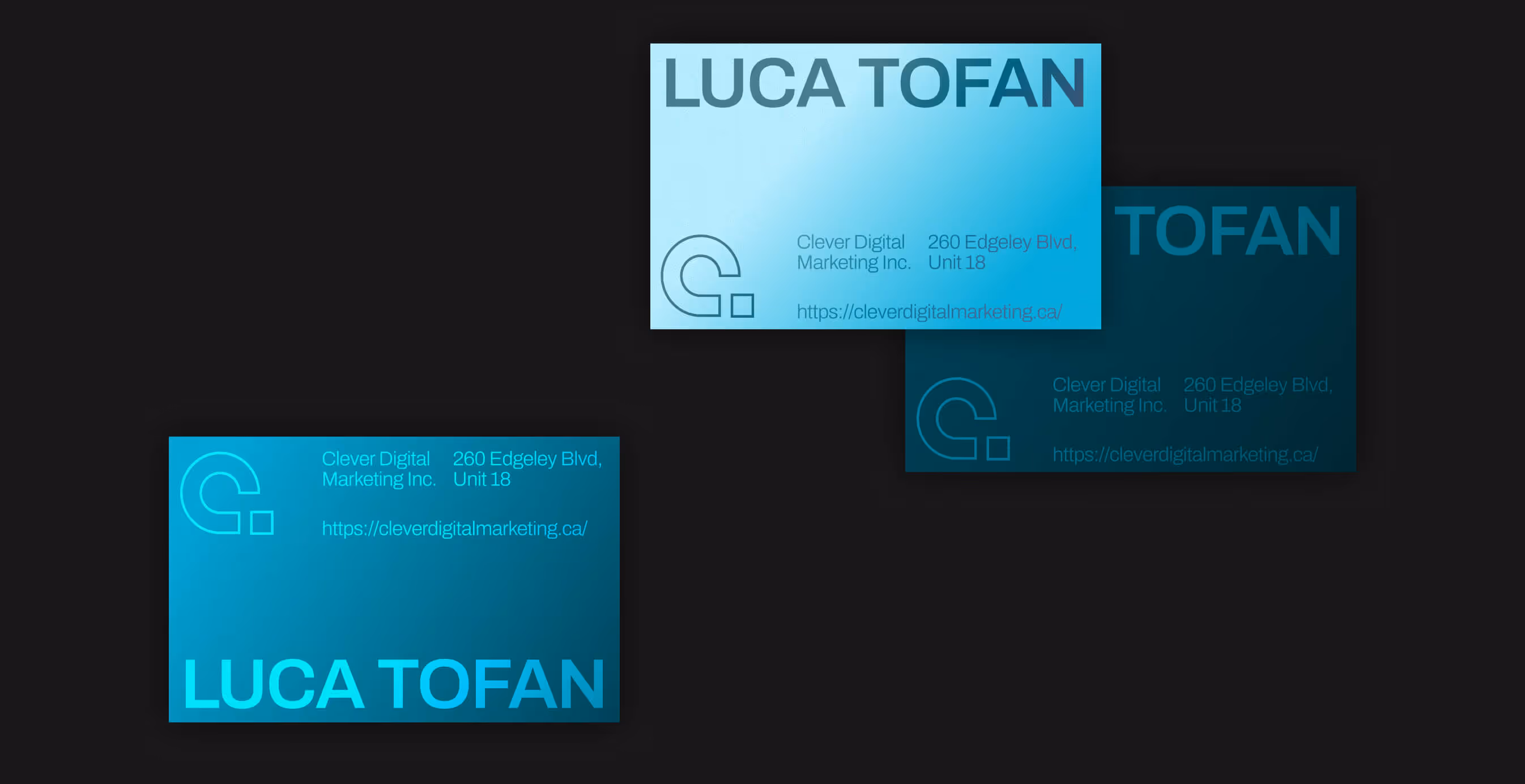 Blue Clever Digital business cards featuring the name Luca Tofan and company contact information on a black background.