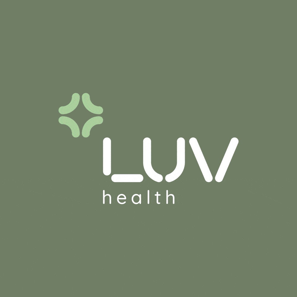 LUV Health logo in white with green icon on a muted green background.