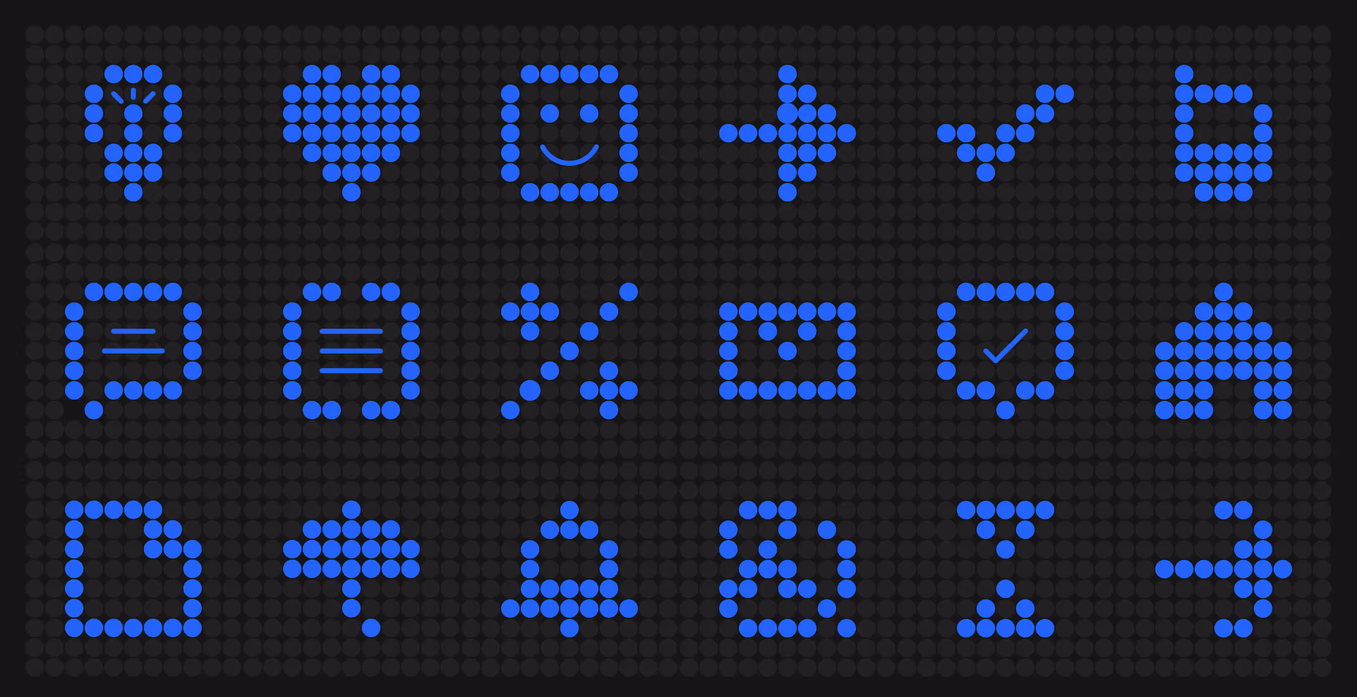 A digital grid of glowing blue dot-matrix icons on a dark background, including symbols like a light bulb, heart, smiley face, check mark, chat bubbles, bell, and arrow.