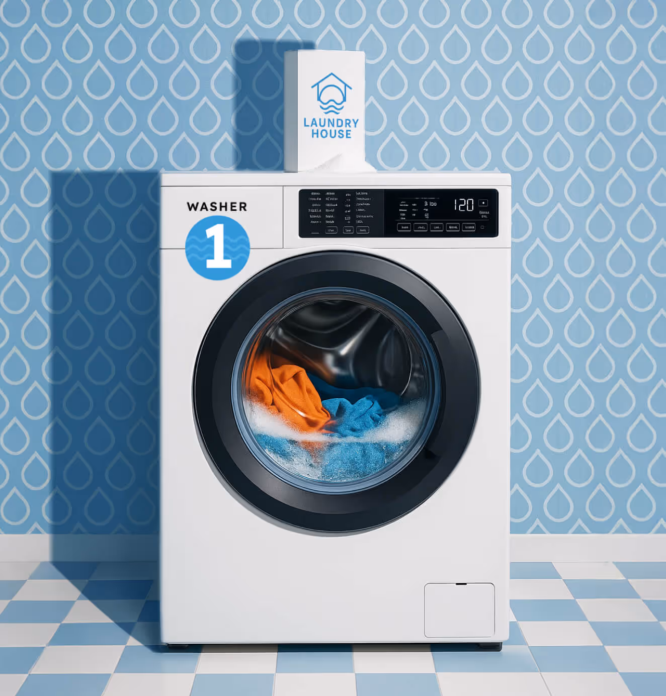 A modern front-loading washing machine labeled “Washer 1” with clothes washing inside, set against a blue patterned wall and checkered floor. A box with the logo “Laundry House” sits on top of the machine.