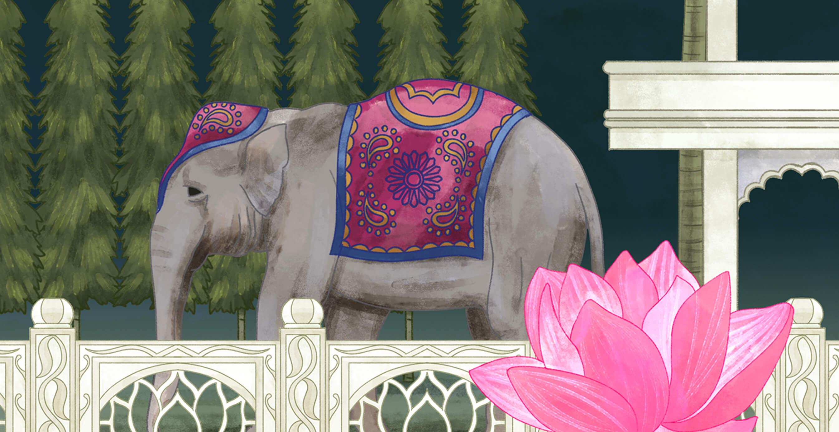 Hand-drawn illustration of an elephant draped in a colorful cloth with a pink lotus flower in the foreground and ornate fencing behind.