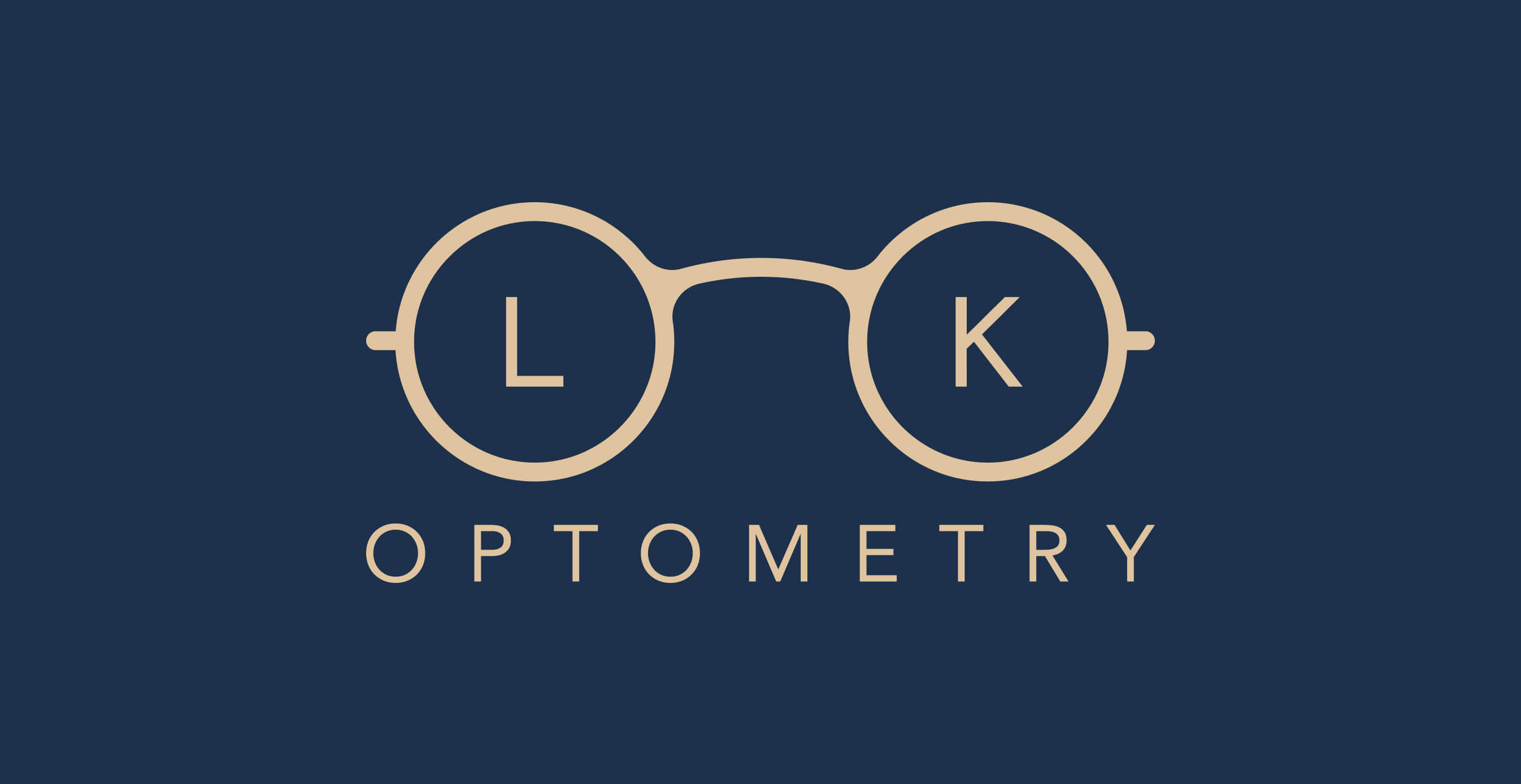 Minimalist logo of Look Optometry featuring glasses with the letters L and K inside the frames on a navy background.
