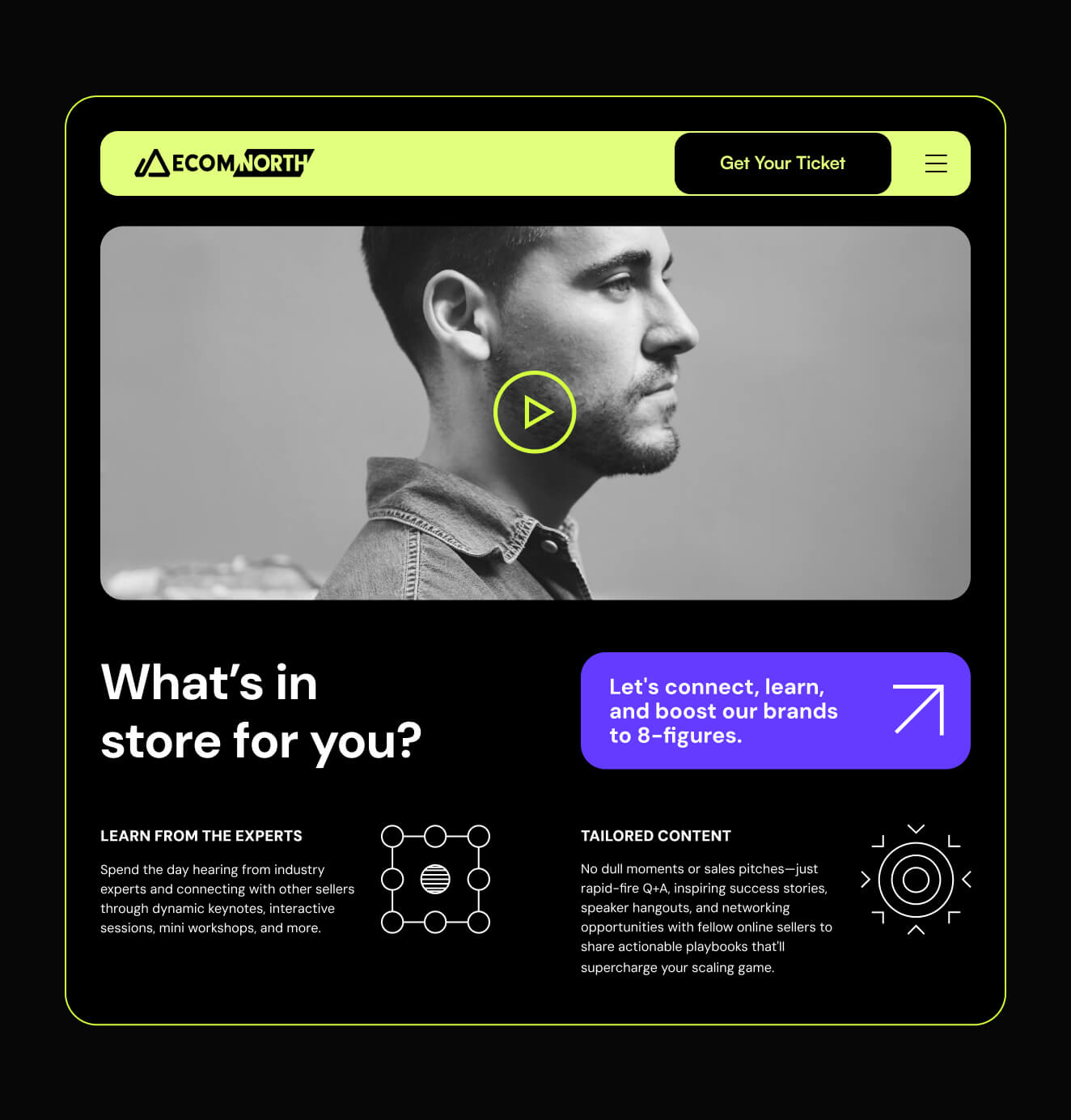 A web page design for Ecom North Summit with a black-and-white image of a man overlaid with a neon green play button. The page highlights event benefits with bold text, icons, and purple call-to-action boxes.