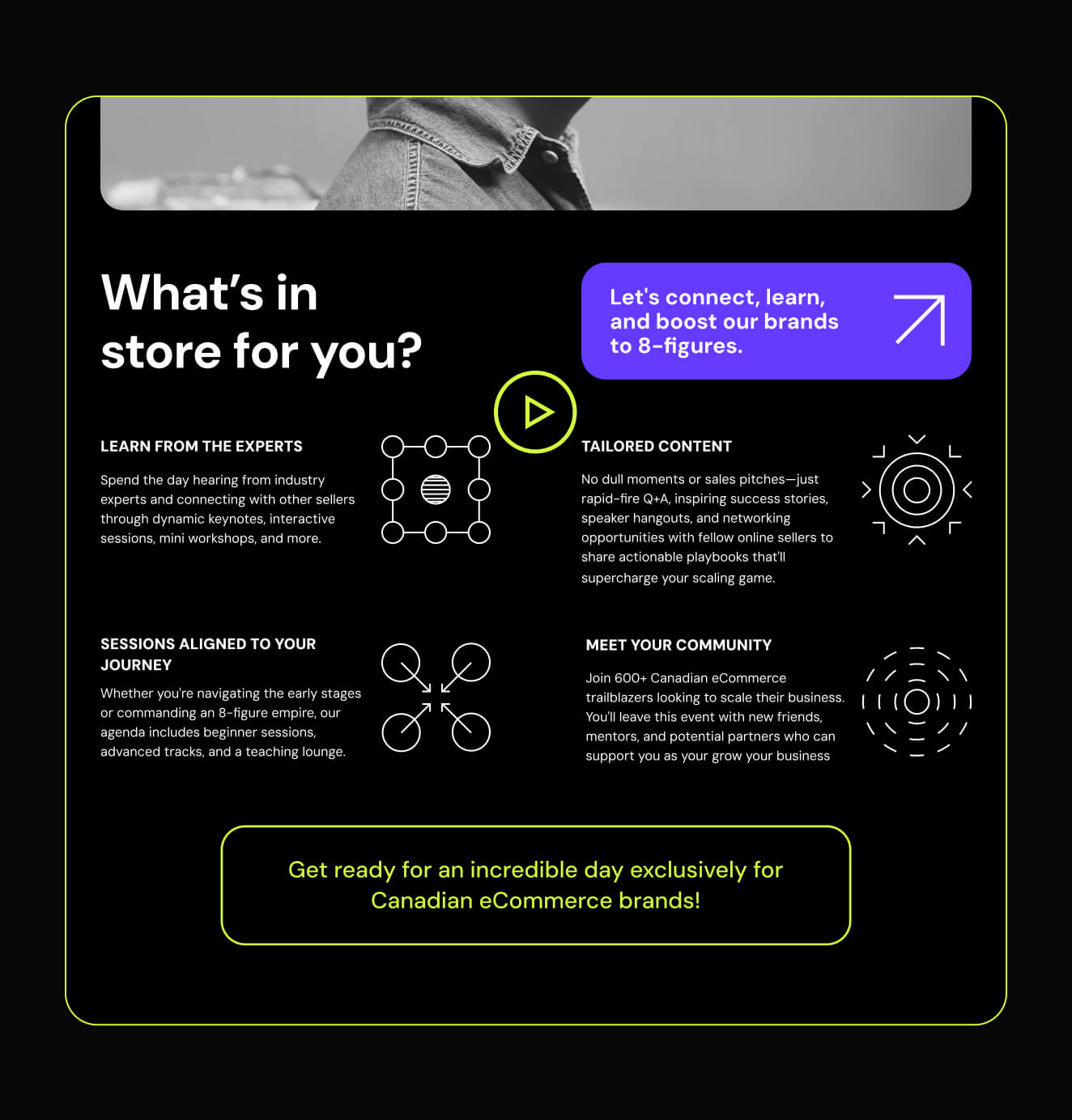 Continuation of the Ecom North Summit webpage featuring detailed event benefits such as learning from experts, tailored content, and community networking. The layout includes futuristic neon yellow and purple callouts with tech-inspired icons.