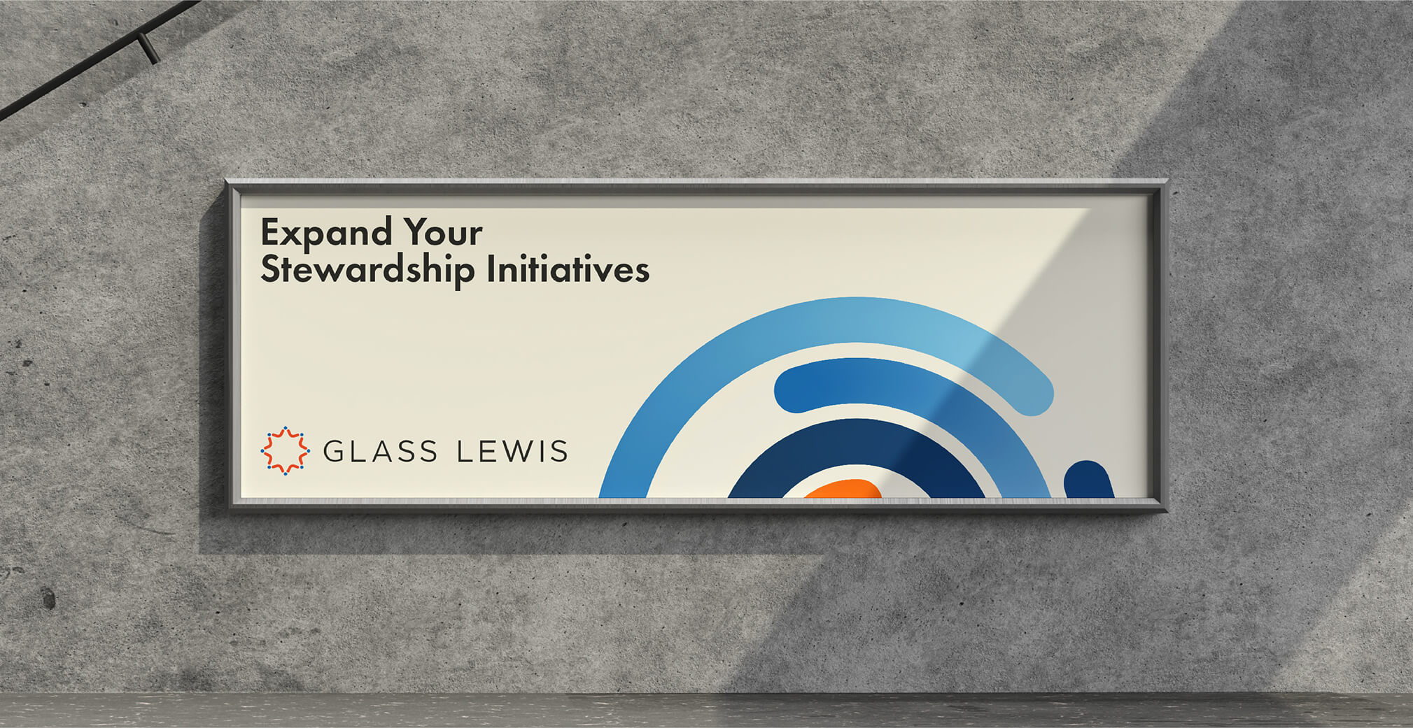 A billboard on a concrete wall with the Glass Lewis logo, bold circular graphic, and text reading ‘Expand Your Stewardship Initiatives.’