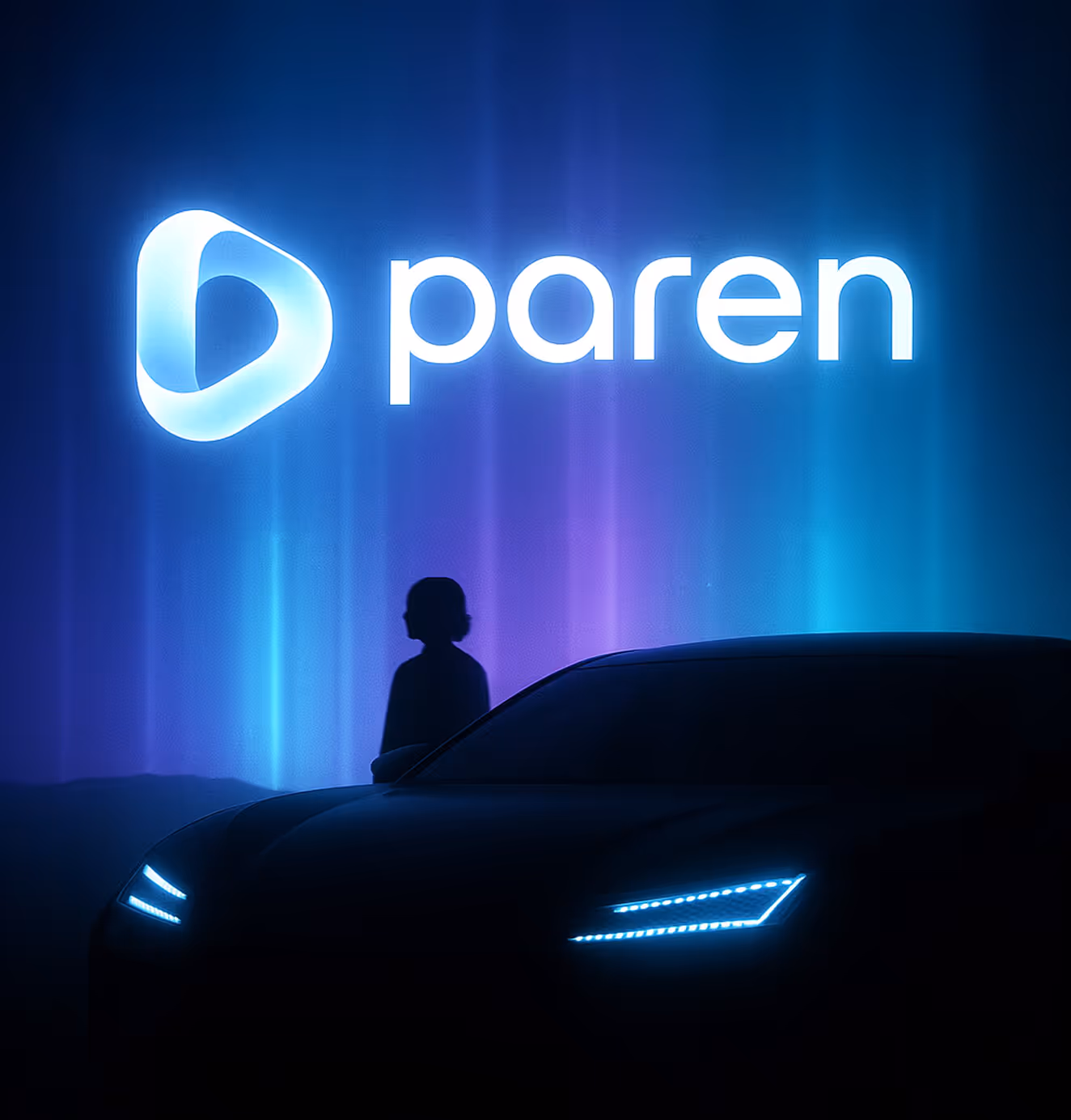 A dramatic night scene with glowing blue and purple lights showcasing the Paren logo above a silhouetted person and a futuristic car with illuminated headlights.