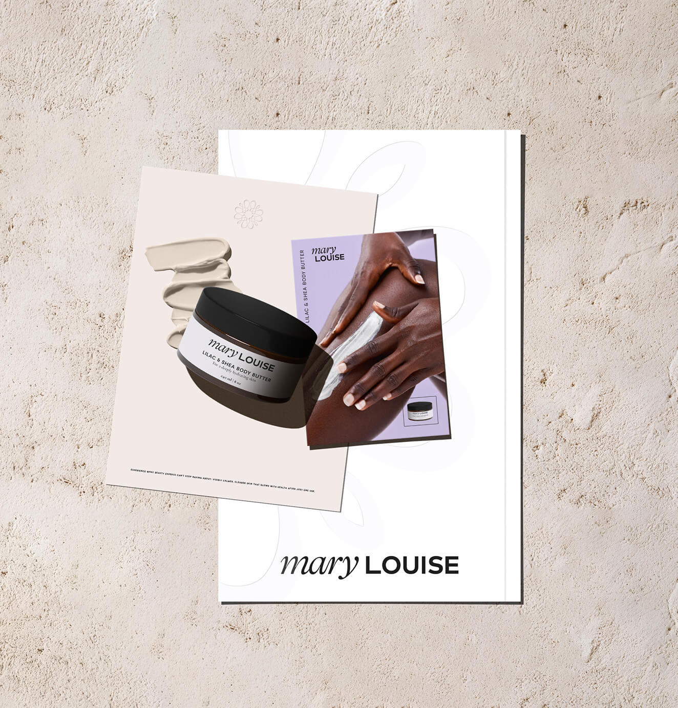 Mary Louise promotional print materials featuring the body butter, with images of skincare application and product photography on a textured beige background.