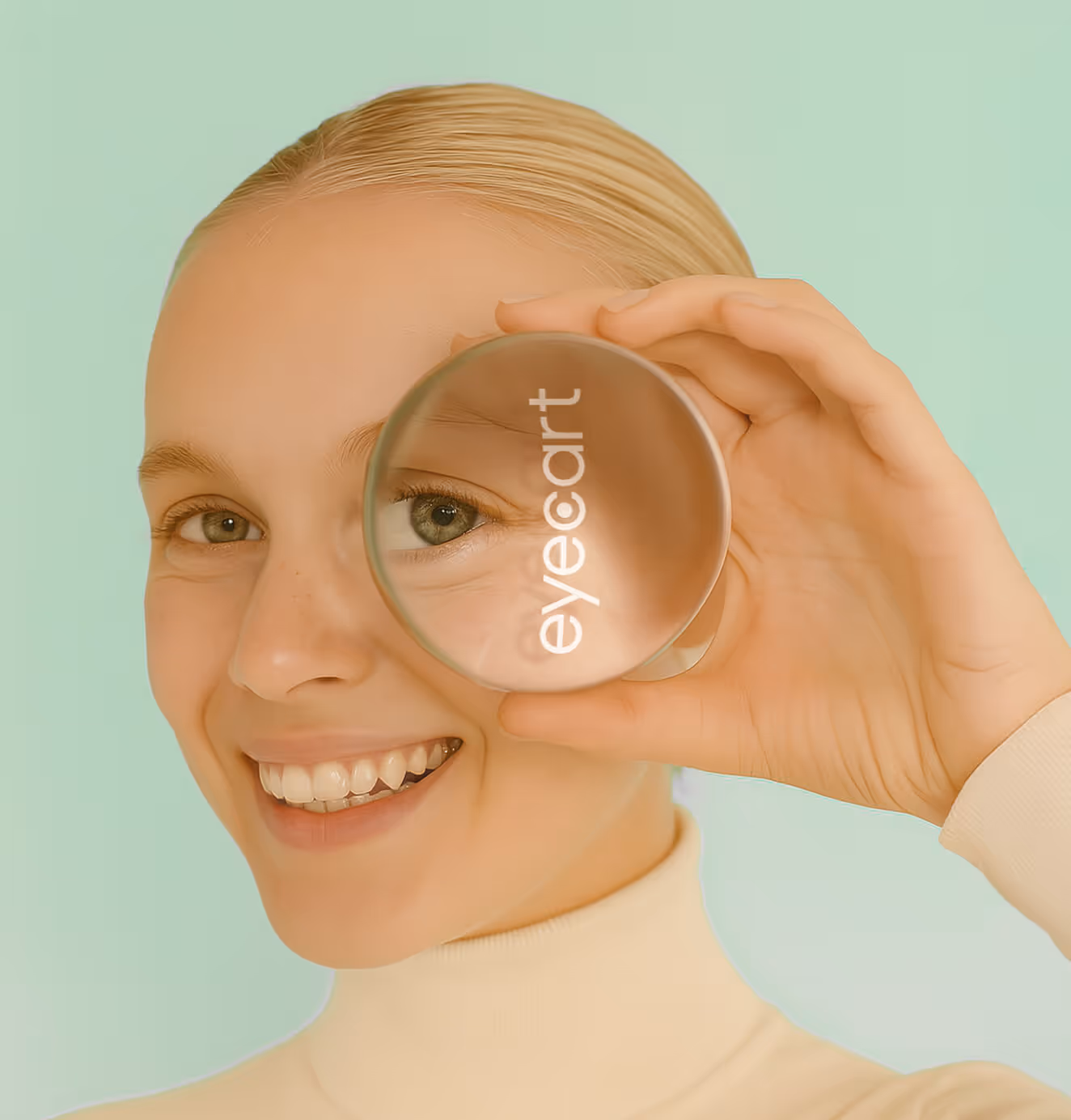 A smiling woman holds a magnifying lens with the word "eyecart" printed on it over her eye, creating a playful optical effect against a mint green background.