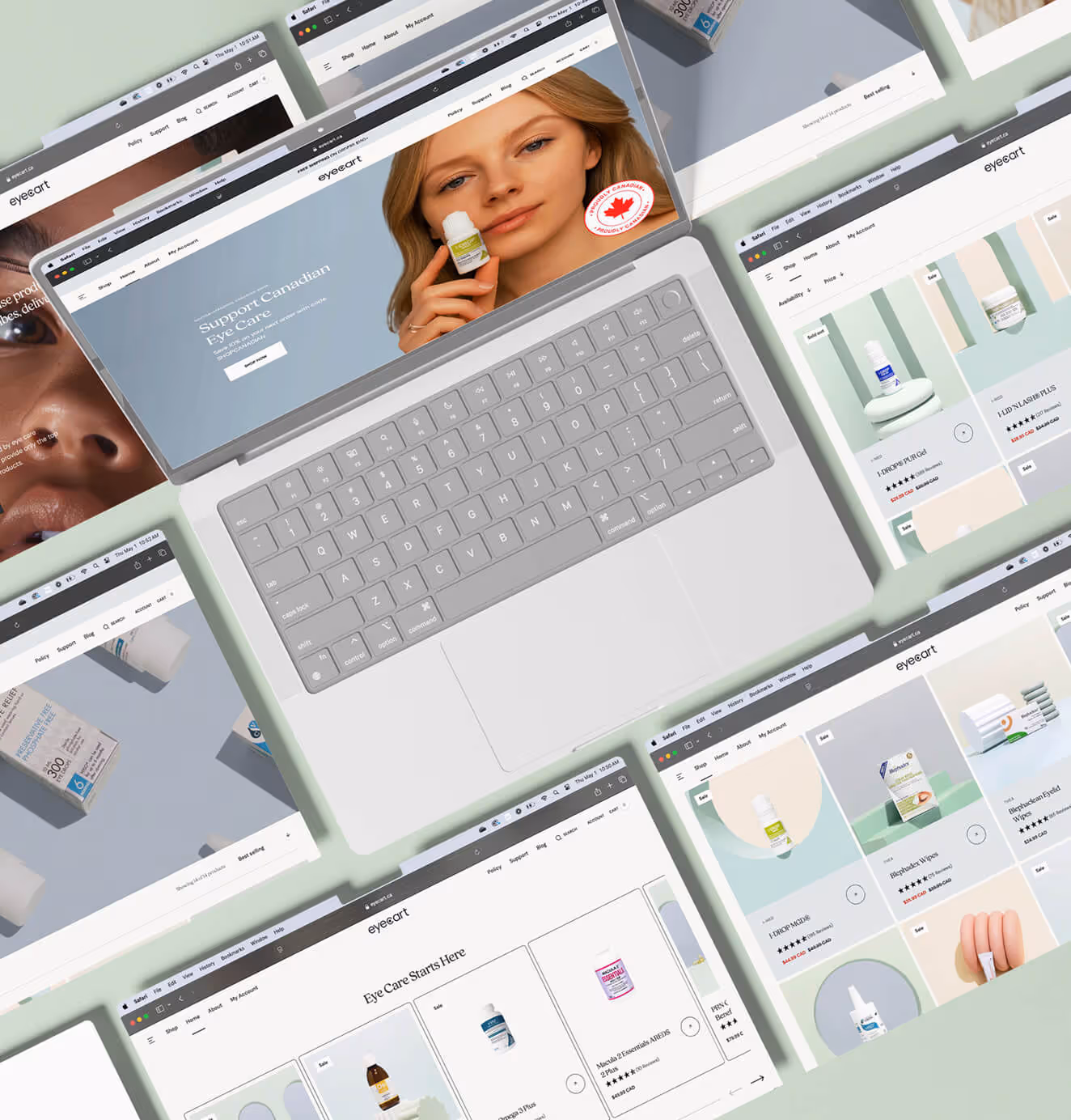 Multiple laptop screens display the Eyecart website, showcasing product pages and banners promoting eye care items.