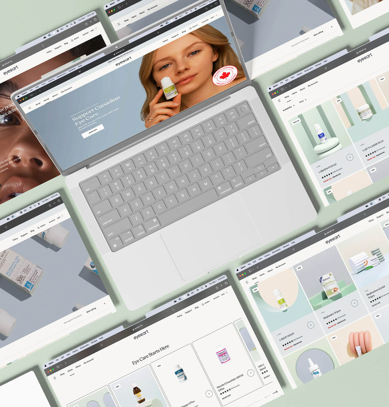 Multiple laptop screens display the Eyecart website, showcasing product pages and banners promoting eye care items.