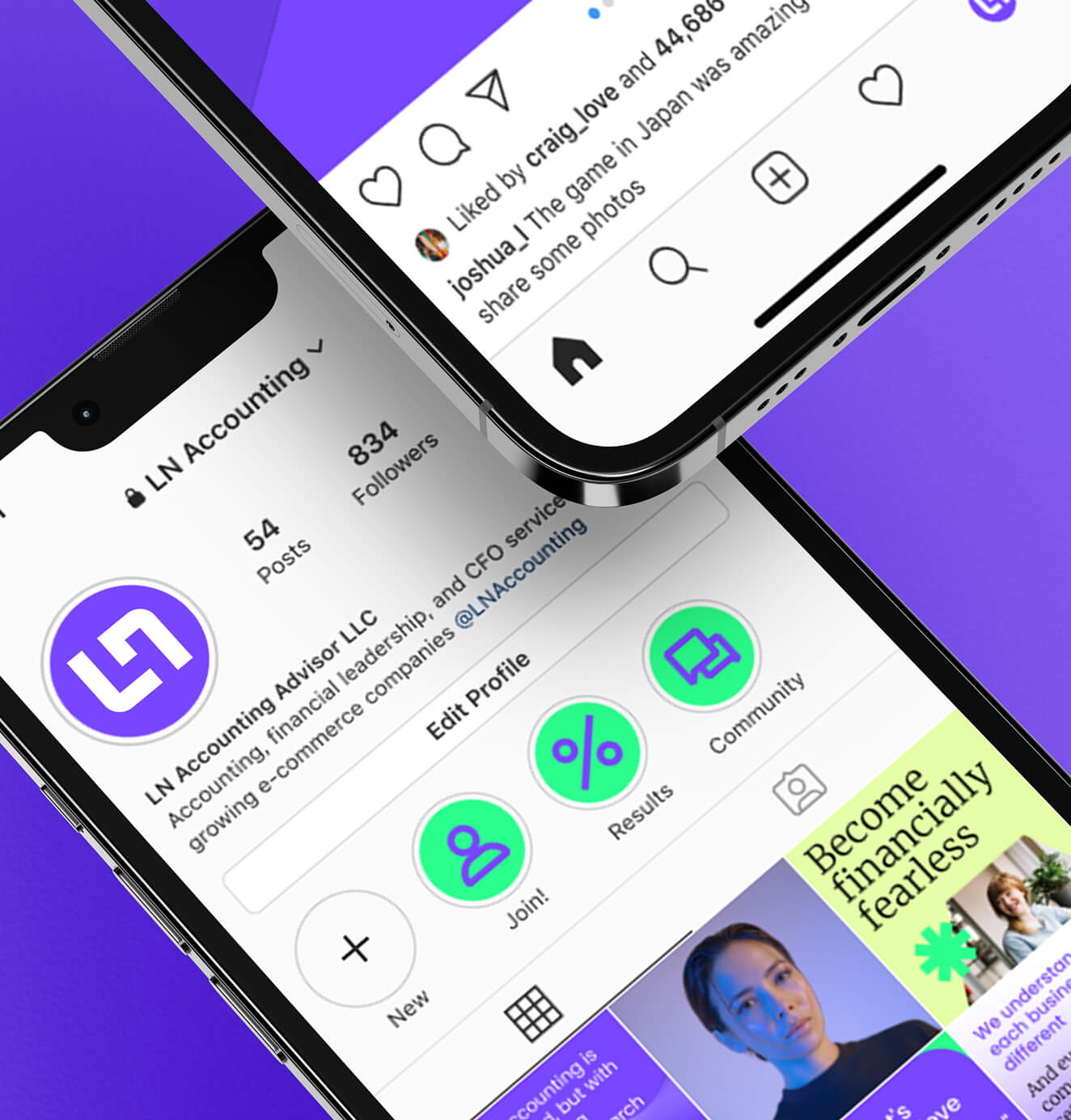 Close-up of LN Accounting’s Instagram profile on a smartphone screen, showing branded highlights, posts, and a tagline promoting financial empowerment.