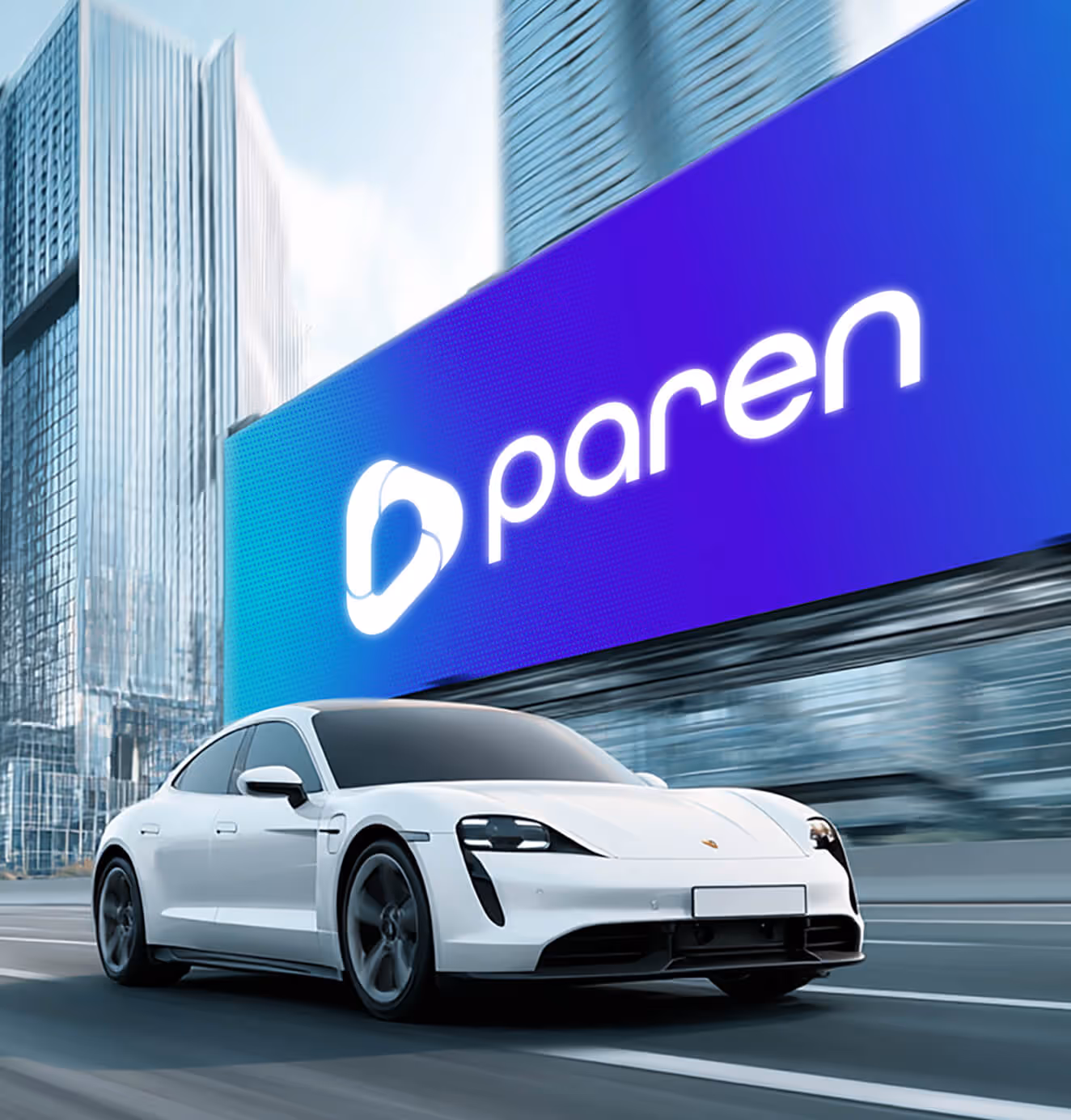 A sleek white electric car drives through a modern city with glass skyscrapers, passing a giant digital billboard displaying the Paren logo in blue and purple gradients.