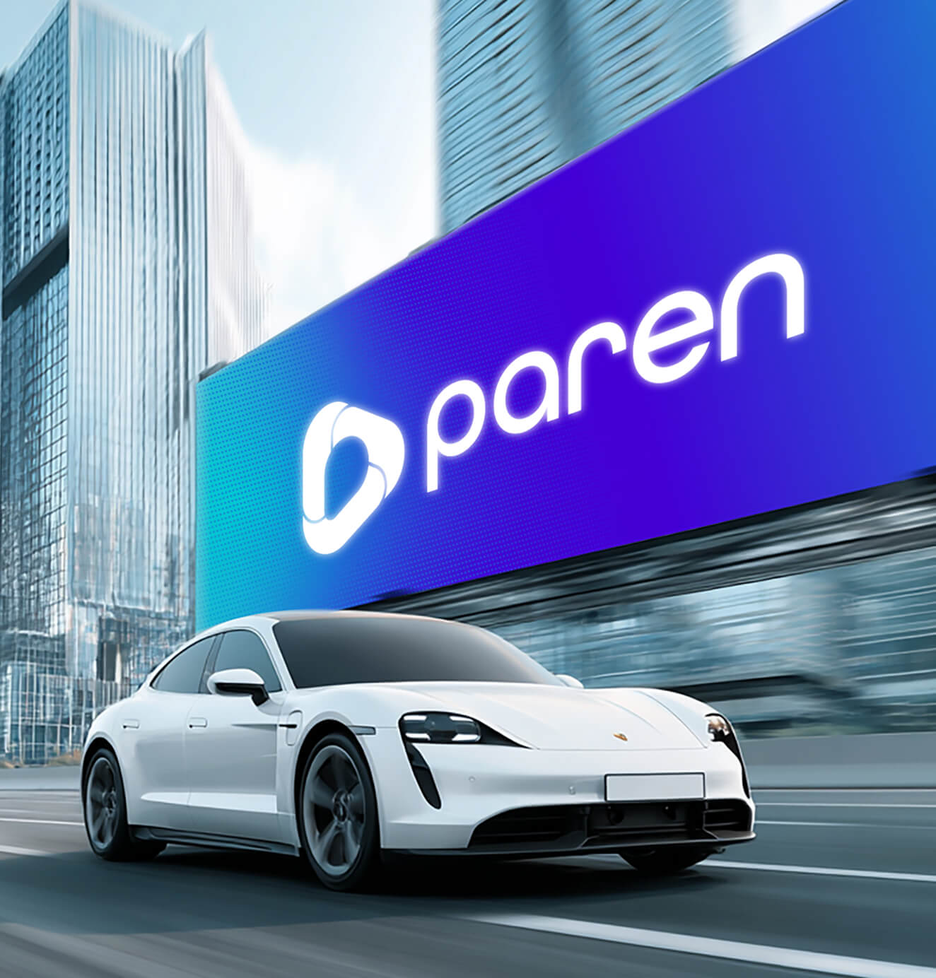 A sleek white electric car drives through a modern city with glass skyscrapers, passing a giant digital billboard displaying the Paren logo in blue and purple gradients.