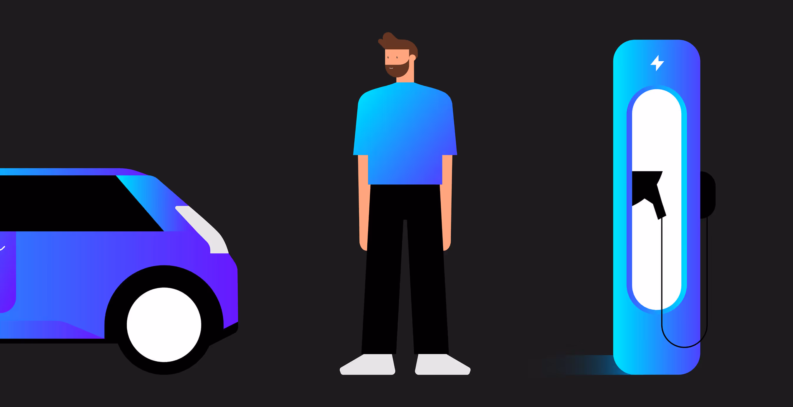 Minimalist illustration of a person, EV car, and charging station with labeled color codes. Gradient blues and purples highlight Paren’s brand palette.