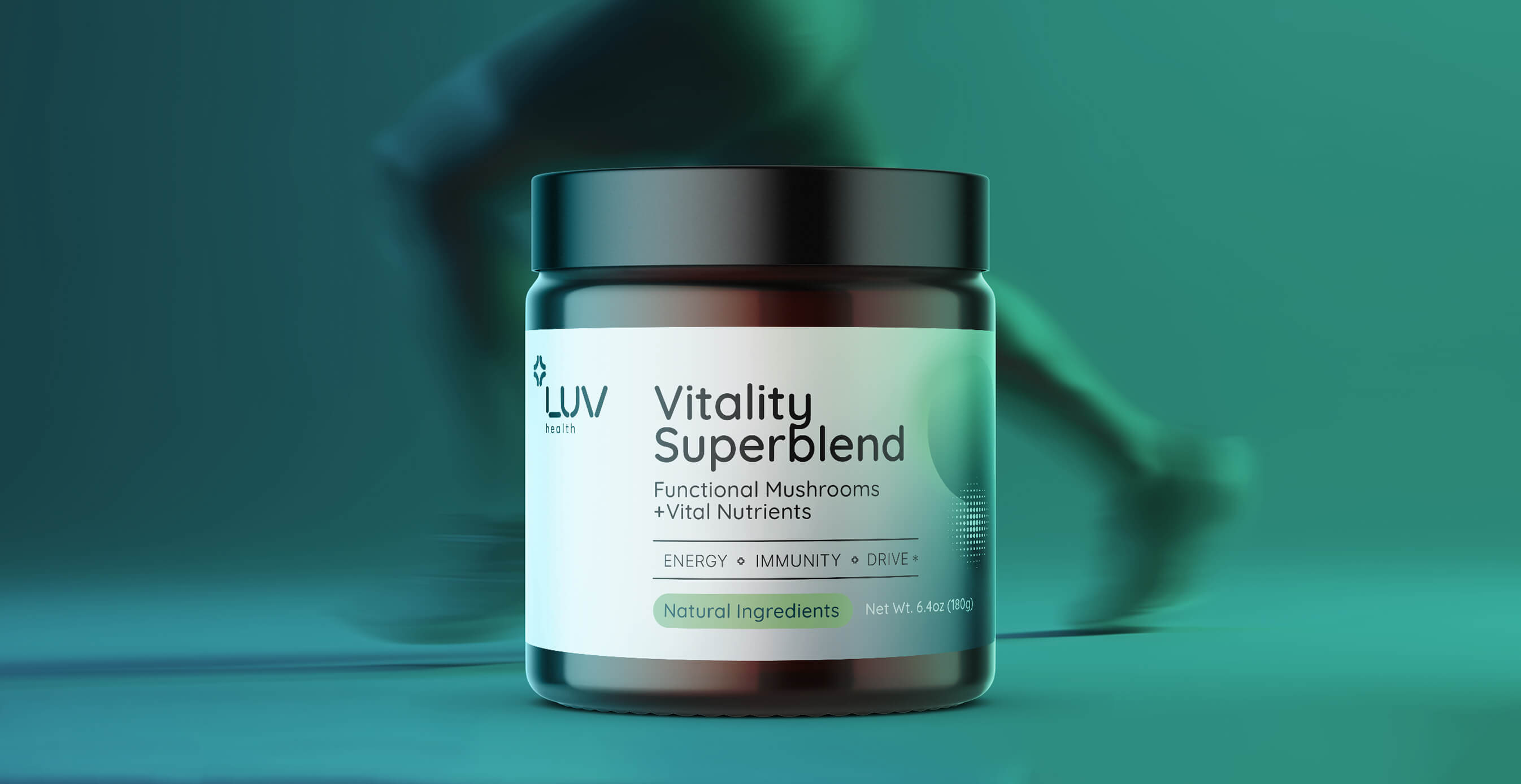 A jar of LUV Health Vitality Superblend supplement, featuring a minimalist label design, set against a teal background with a blurred running figure in motion.
