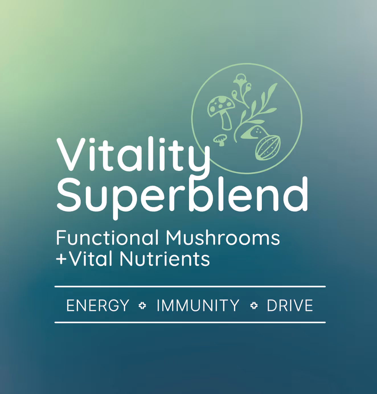Graphic design featuring the text “Vitality Superblend — Functional Mushrooms + Vital Nutrients” with icons of mushrooms and plants on a green gradient background.